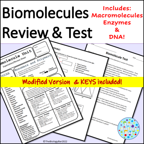 Biomolecules with Enzymes & DNA Review and Test Made By Teachers
