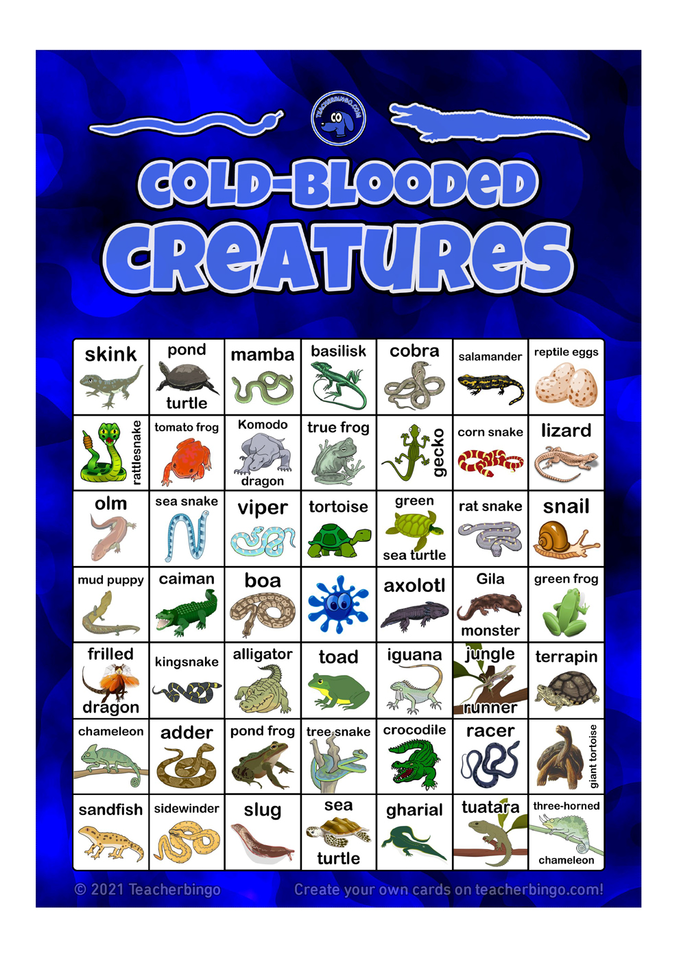 Cold-Blooded Creatures (Reptiles) Bingo 7x7 (5 pages + call sheet