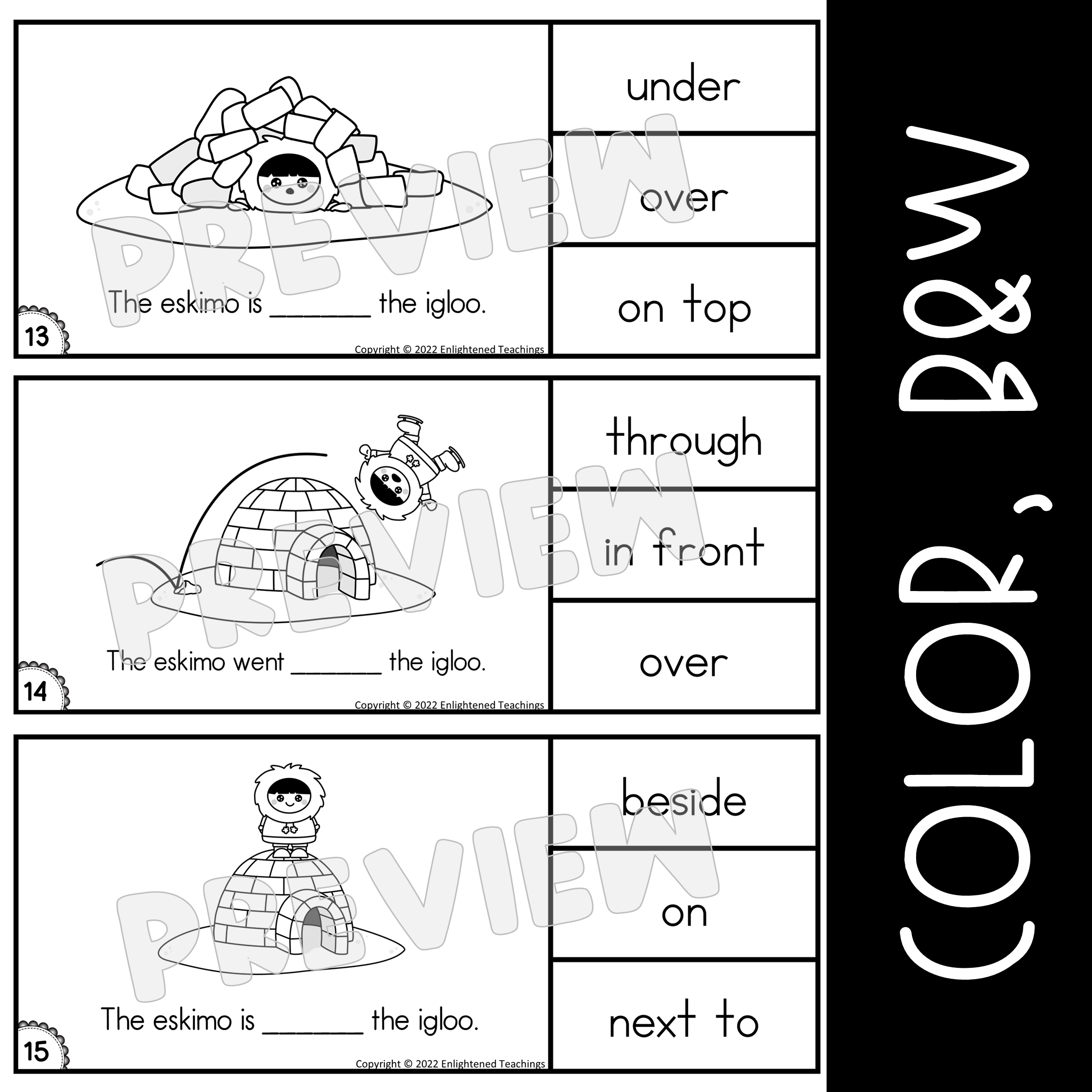 Winter Preposition Clip Cards Task Cards Positional Words Eskimo and