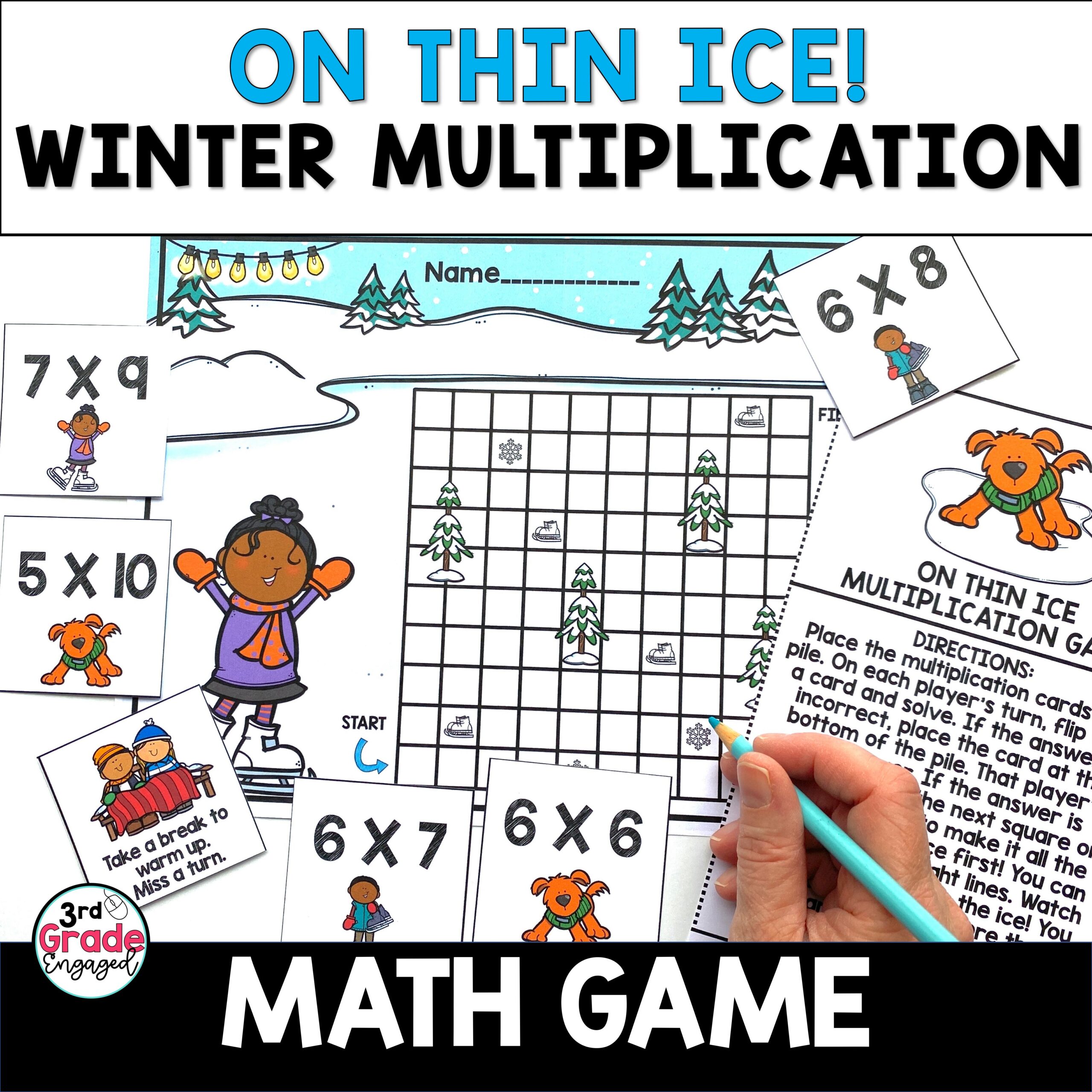Winter multiplication facts on thin ice math game - made by teachers