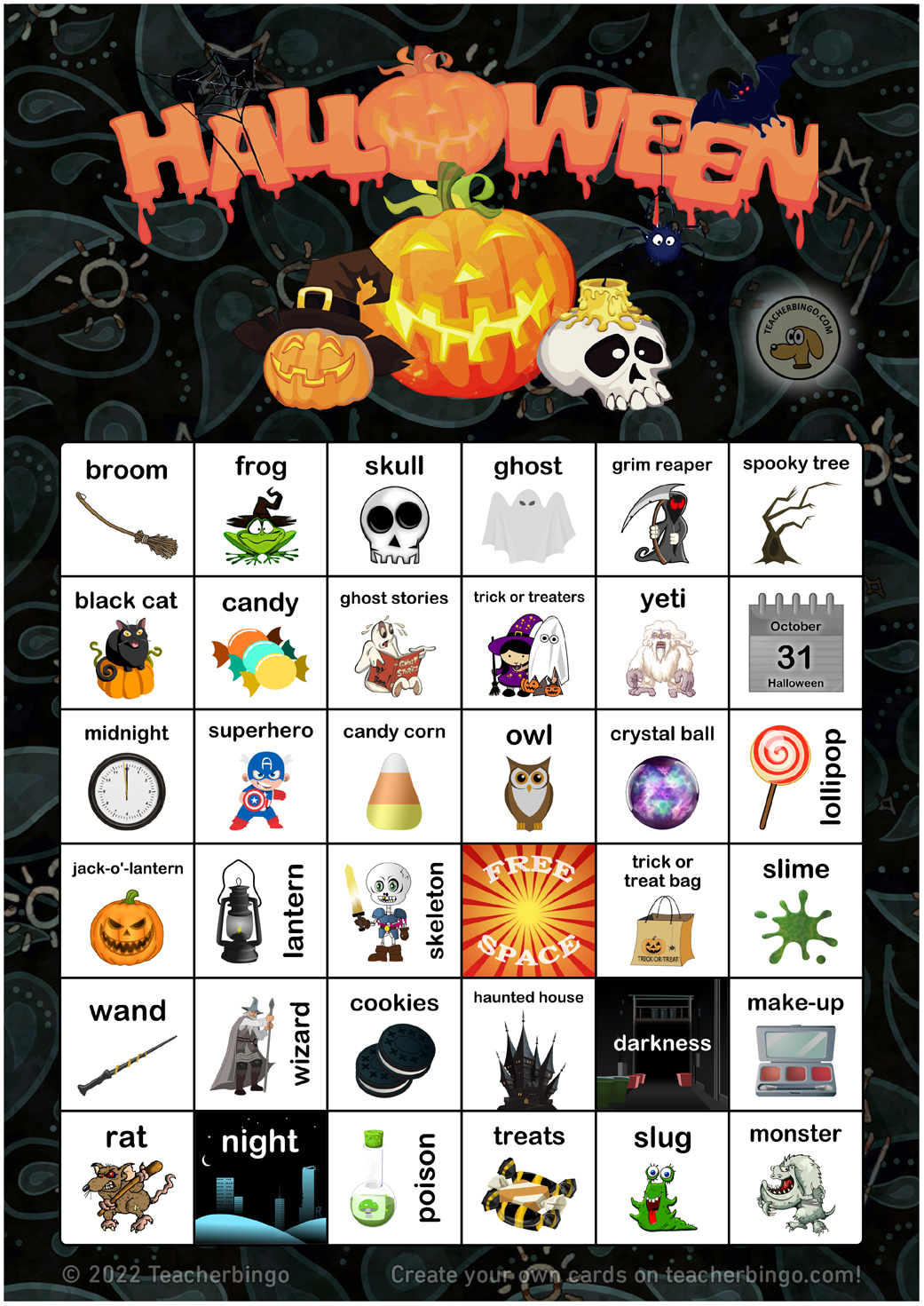 Halloween Bingo Kids 6x6 (100 pages + call sheet) Made By Teachers