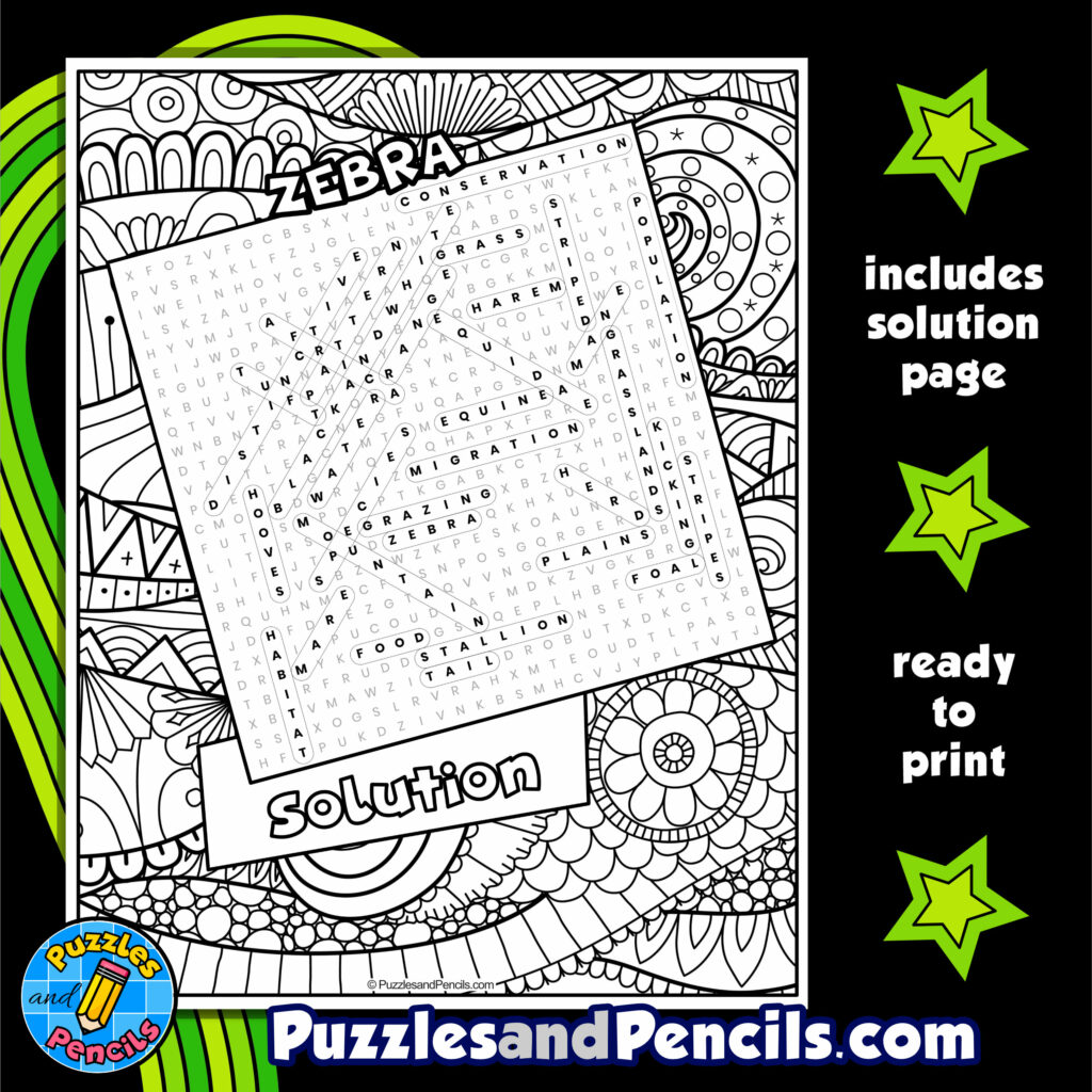 Zebra Word Search Puzzle Activity Page with Coloring | Made By Teachers