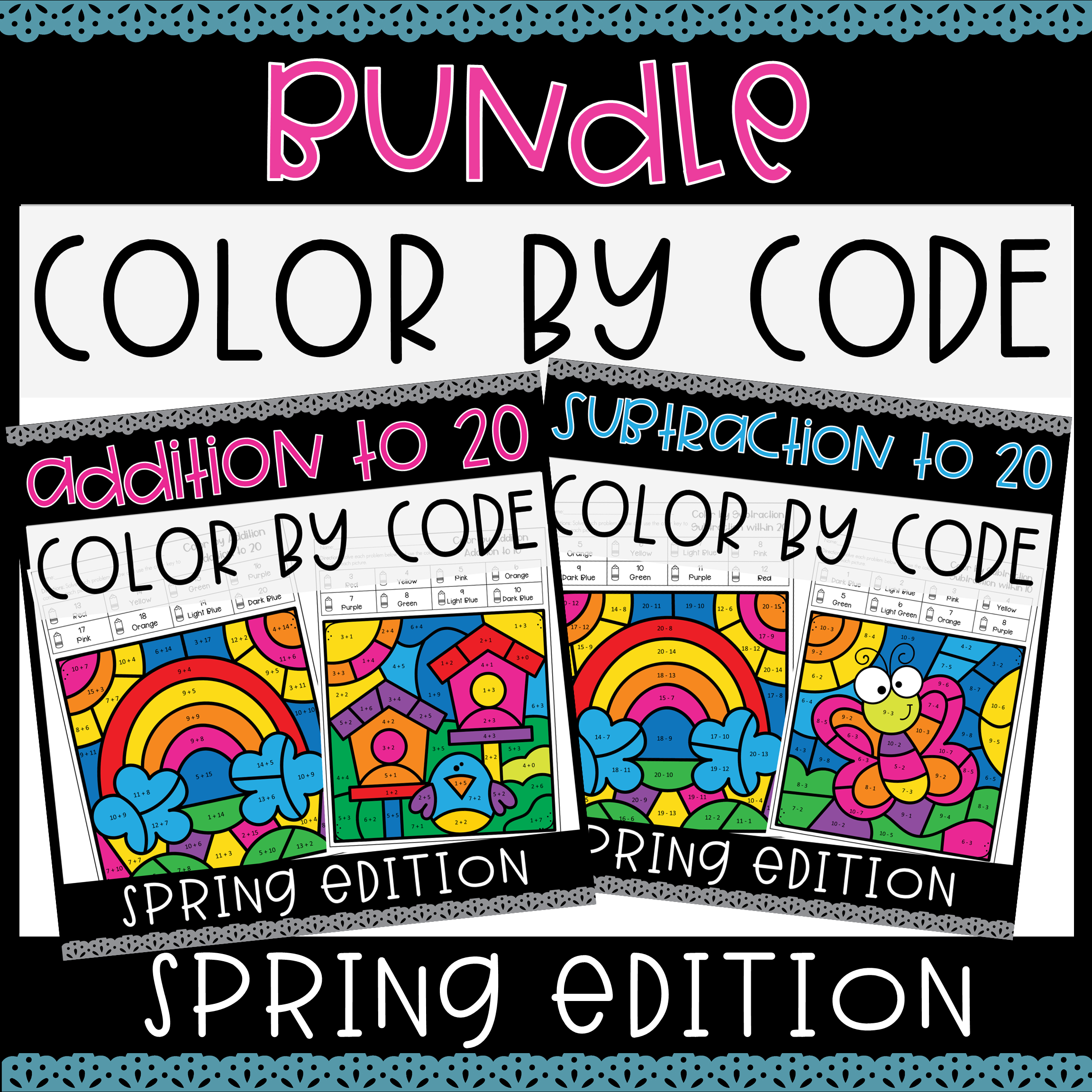 Spring Addition and Subtraction to 20 Color by Code BUNDLE
