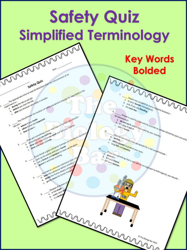 ESL Biology Lab Safety Rules & Safety Quiz for Spanish Speakers Made