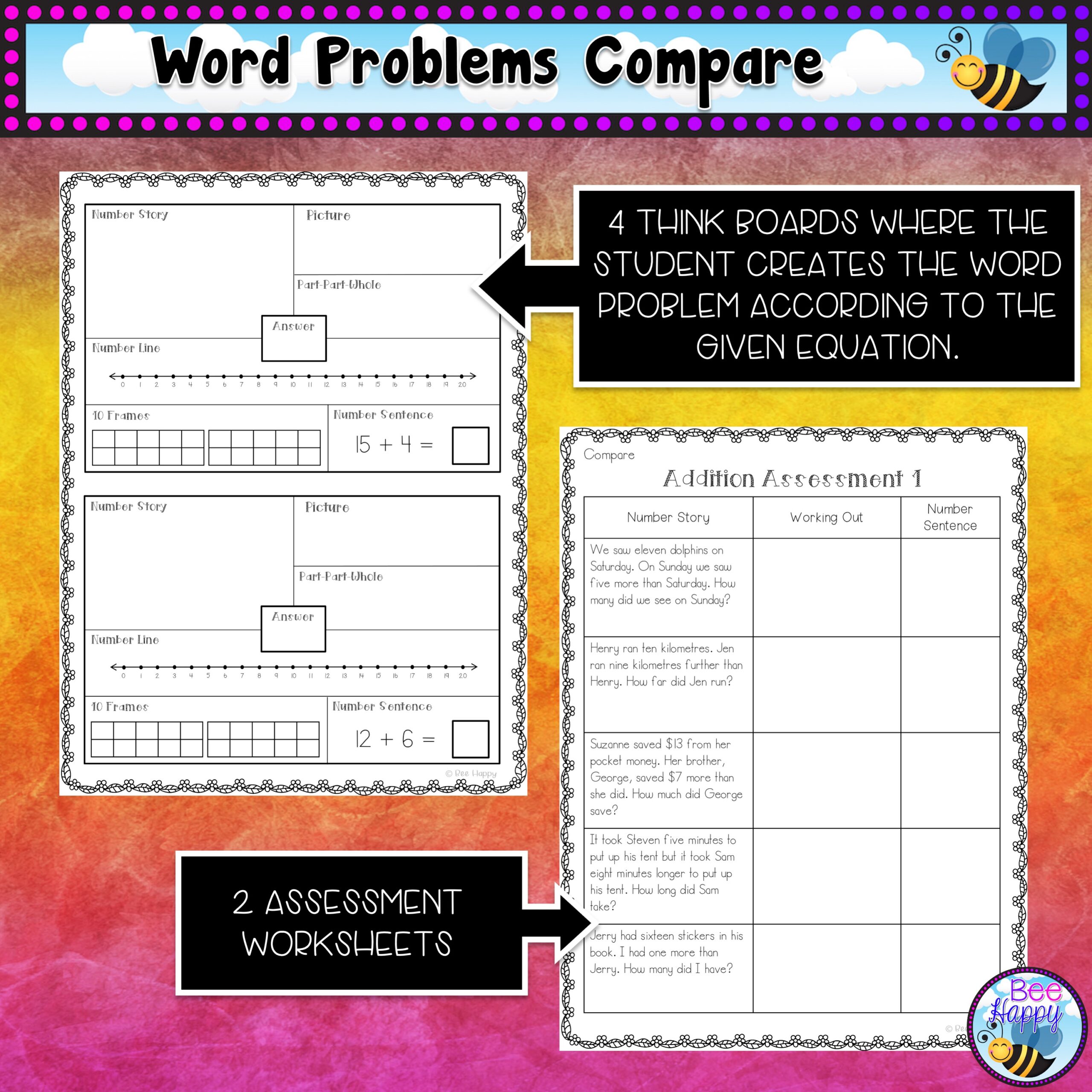 Addition word problems within 20 compare think boards and posters