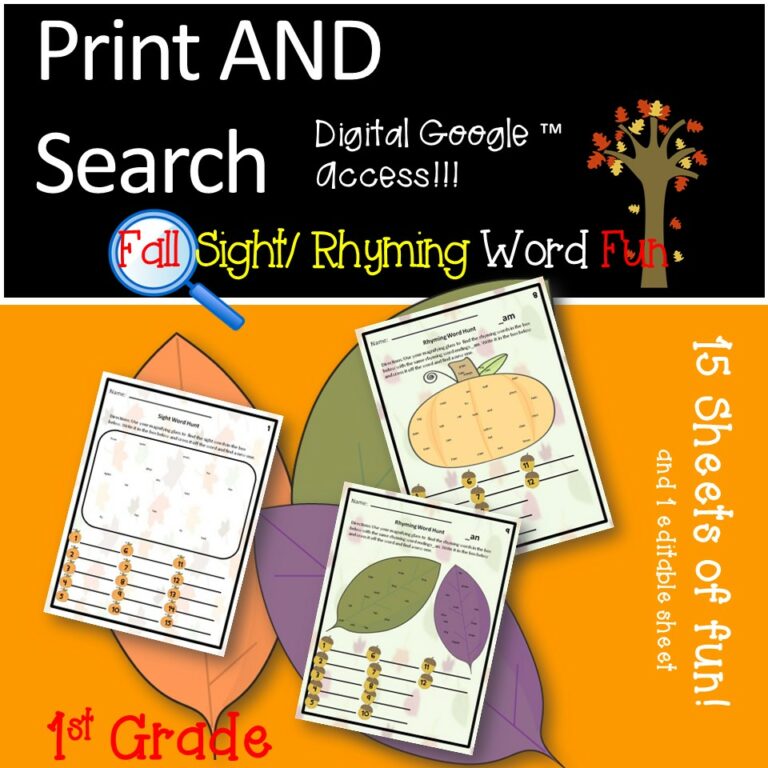 Autumn/ Fall themed Sight & Rhyming Words Magnifying Search 15 Pages Digital Made By Teachers