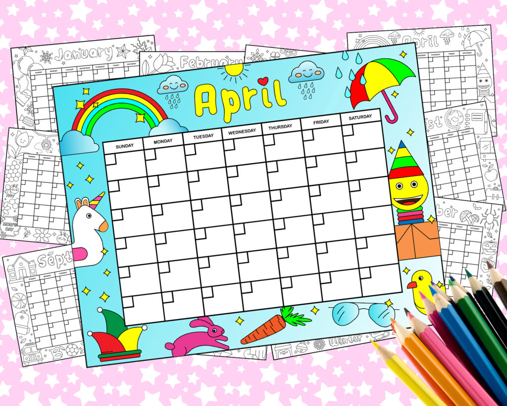 PDF 12 Months Kawaii Kids Coloring Perpetual Calendar, Printable Cute ...