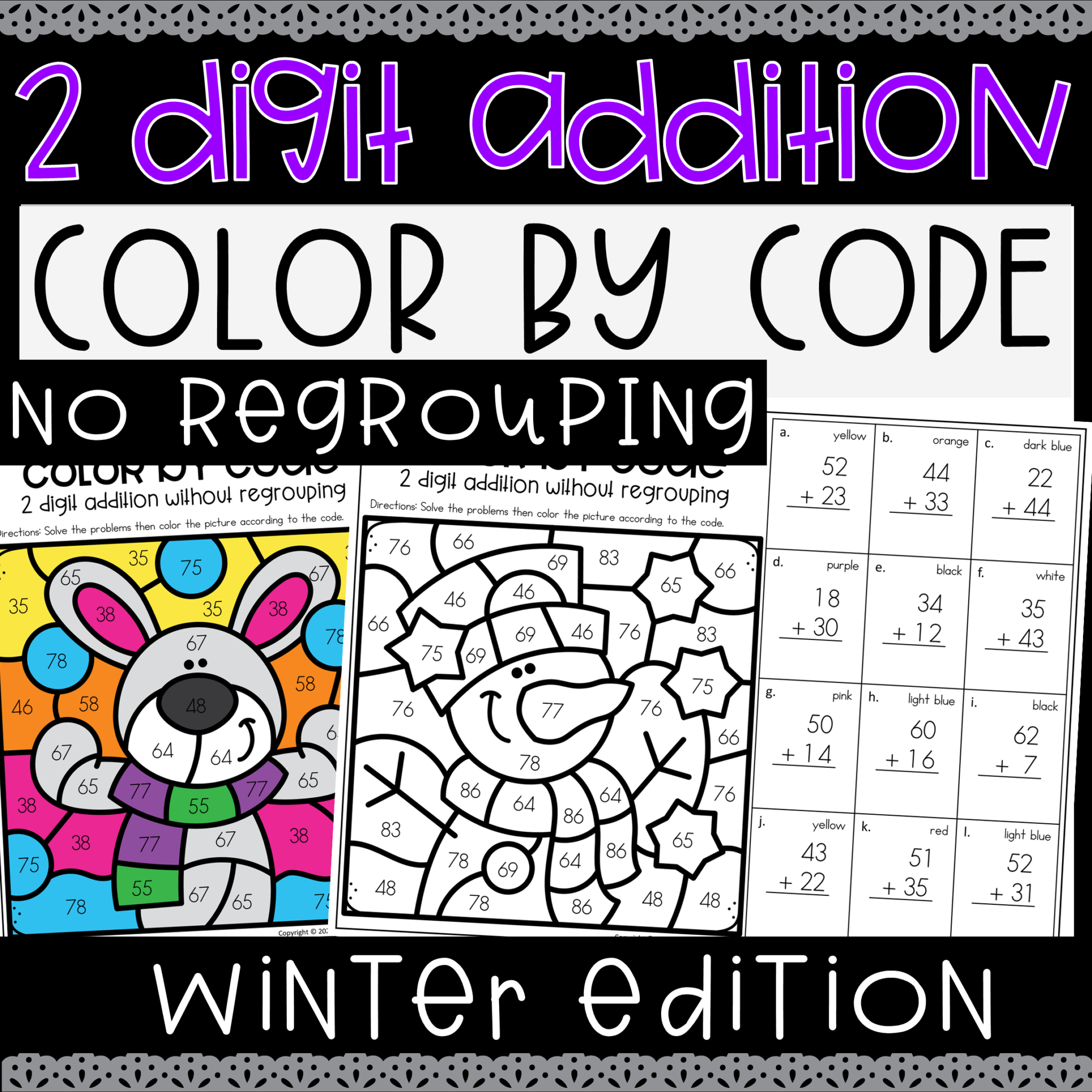 Winter 2 Digit Addition & Subtraction without Regrouping Color by Code