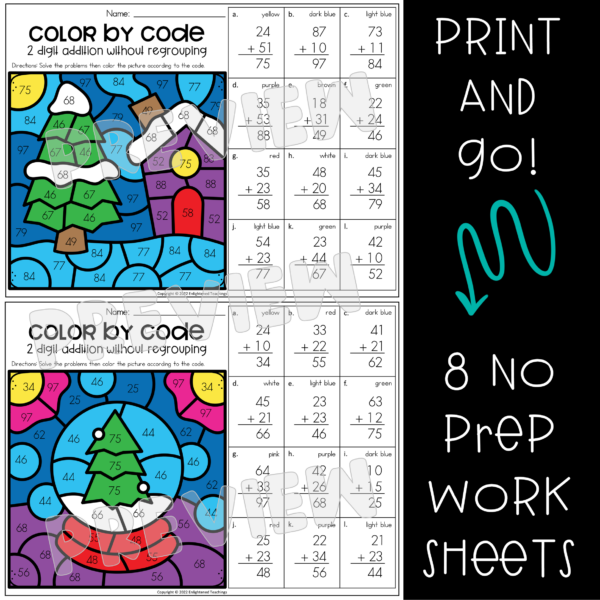 Winter 2 Digit Addition without Regrouping Worksheets Color by Code ...