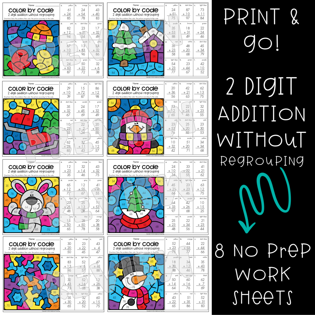Winter 2 Digit Addition without Regrouping Worksheets Color by Code ...
