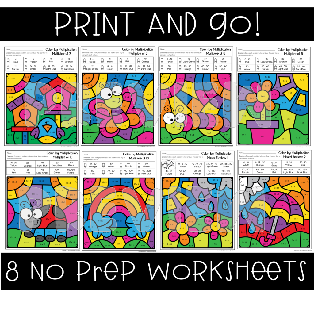 Multiplication Color by Code Number NO PREP Coloring Worksheets ...