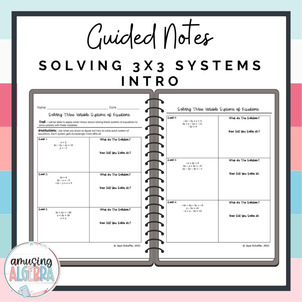Algebra 2 intro to three variable systems guided notes discovery