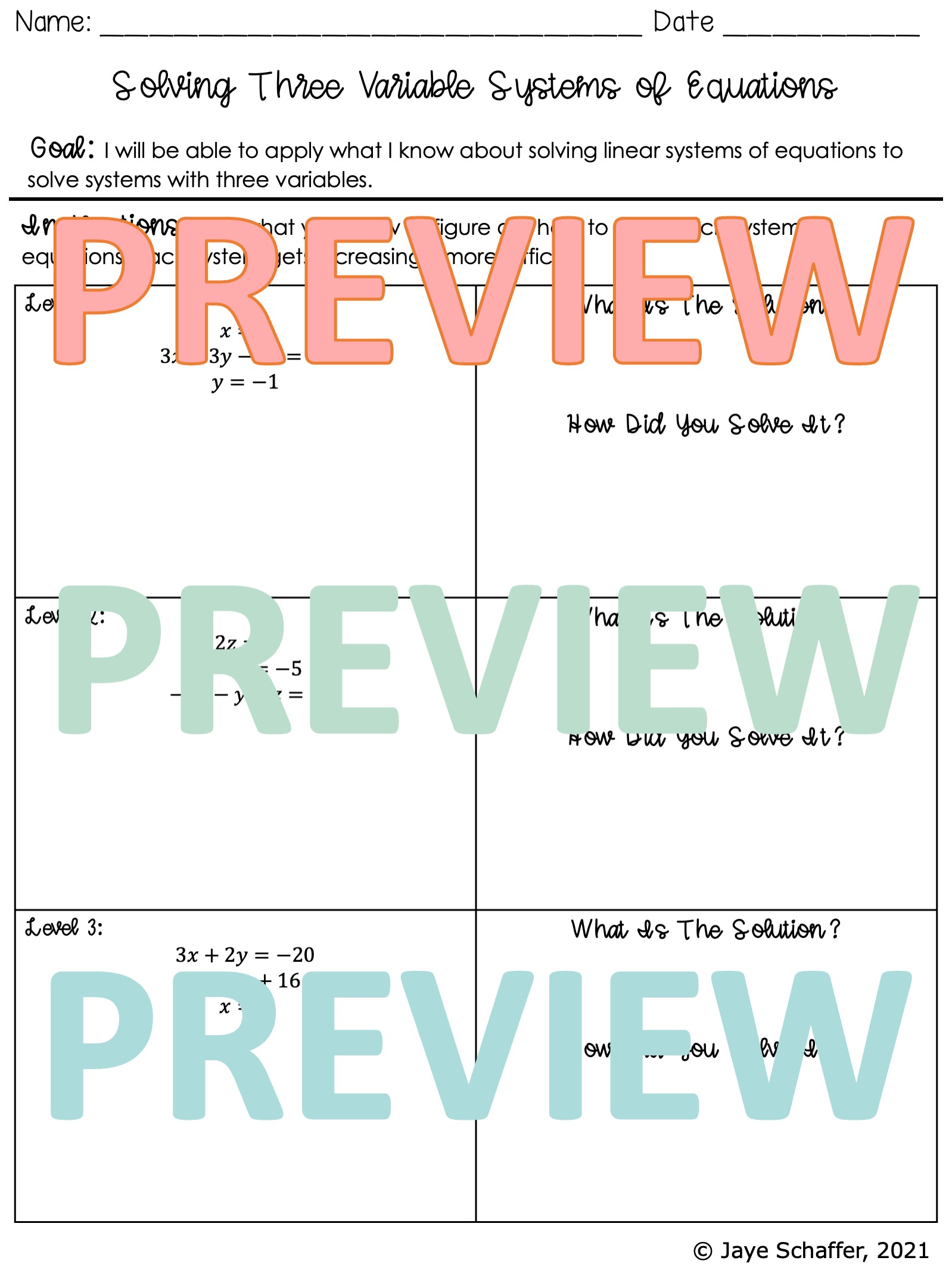 Algebra 2 Intro to Three Variable Systems Guided Notes Discovery ...