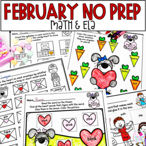 February NO Prep Valentine's Day Worksheets Math Phonics Grammar