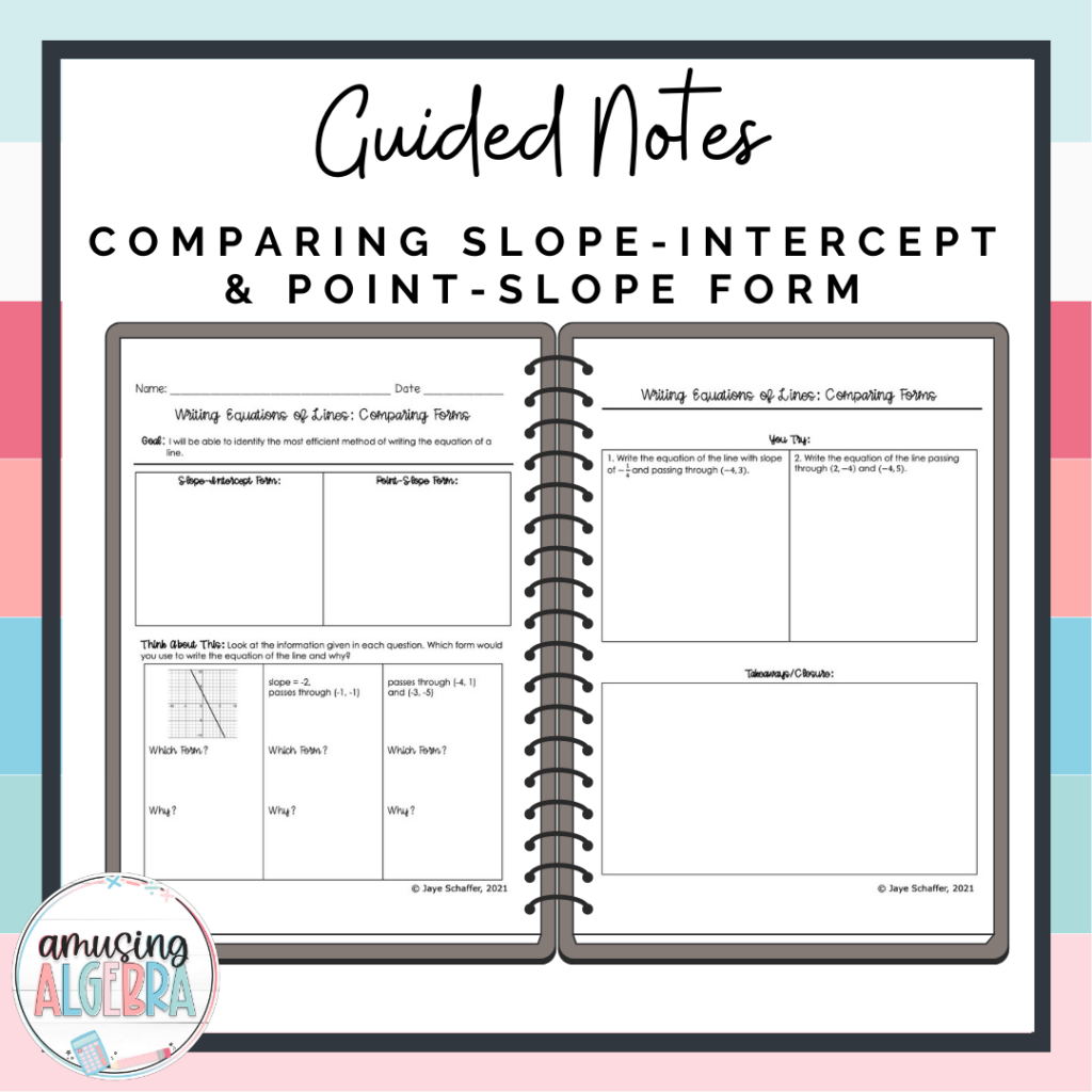 Algebra 1 Comparing SlopeIntercept and PointSlope Form Guided Notes Made By Teachers