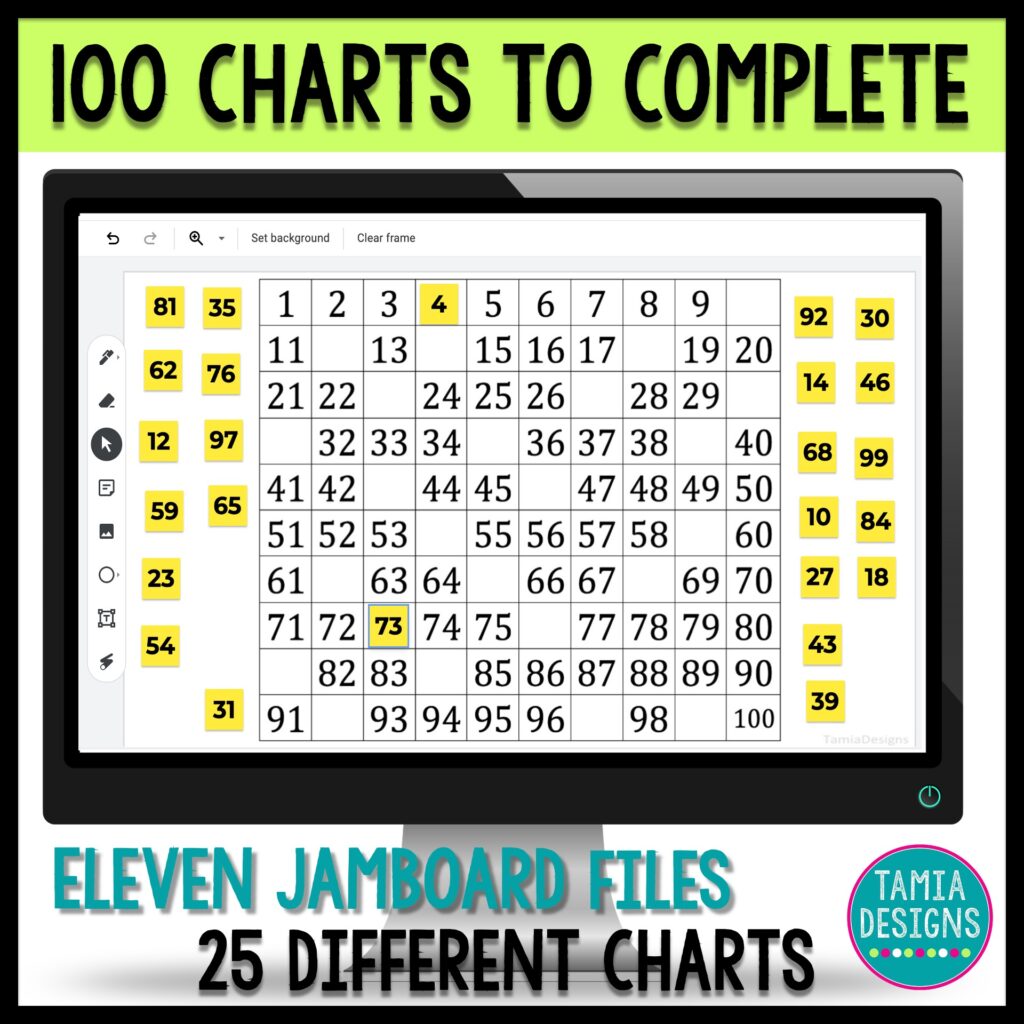 Multiple 100 charts with missing numbers to complete online in Jamboard