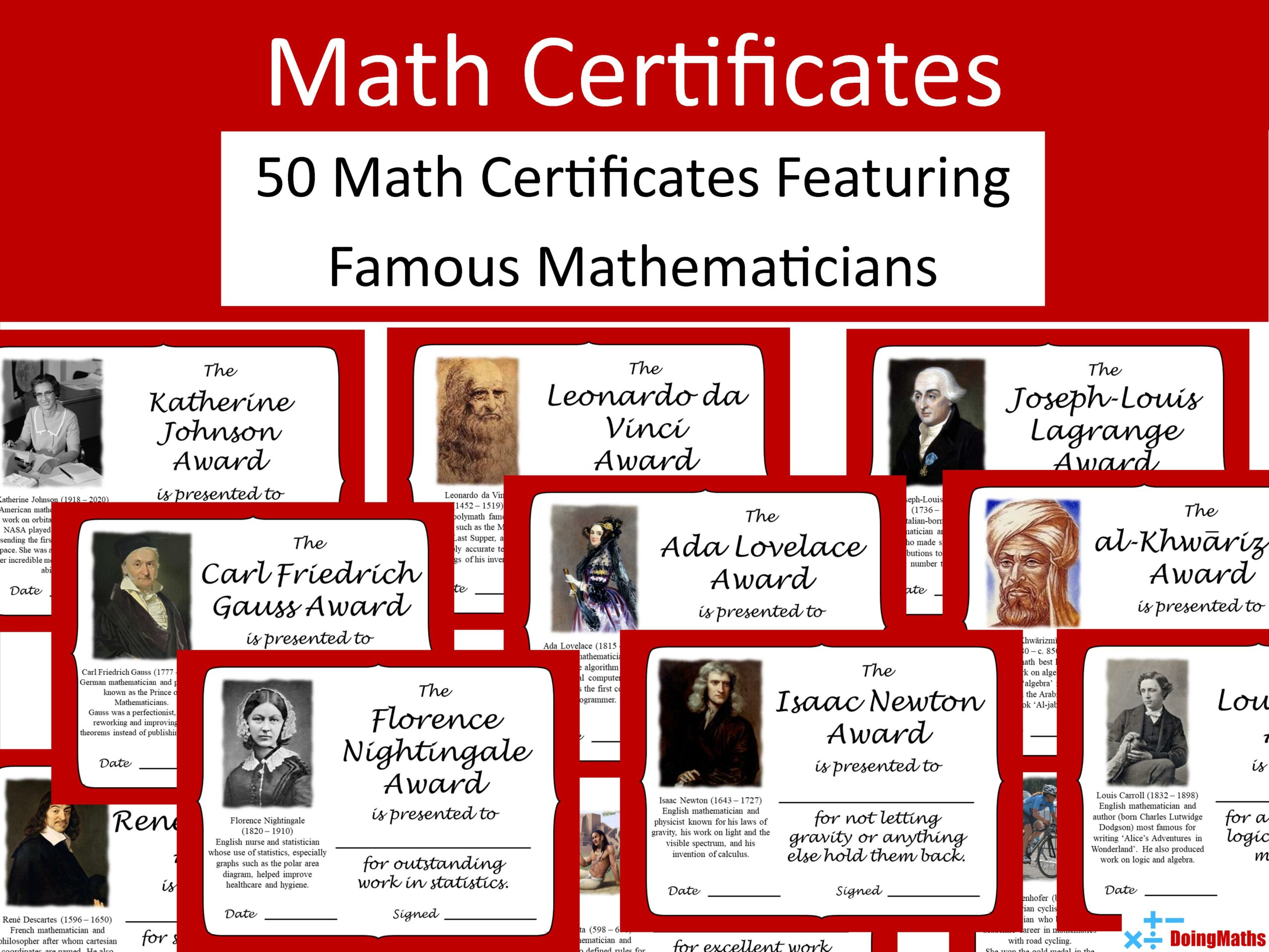 Math Certificates Pack Of 50 Certificates Featuring Famous Math Certificates Pack Of 50 Certificates Featuring Famous