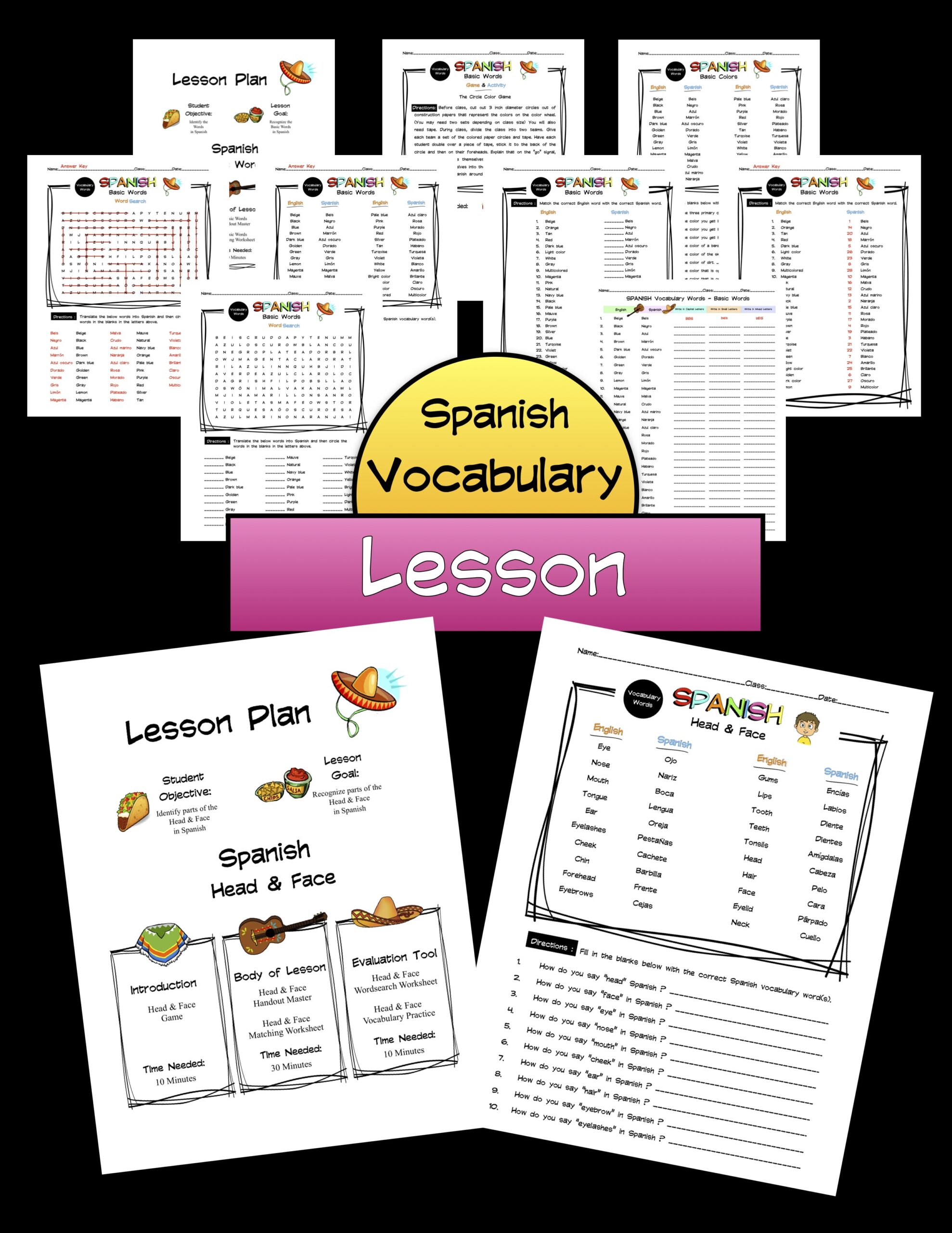 Spanish Head & Face Words Lesson Packet