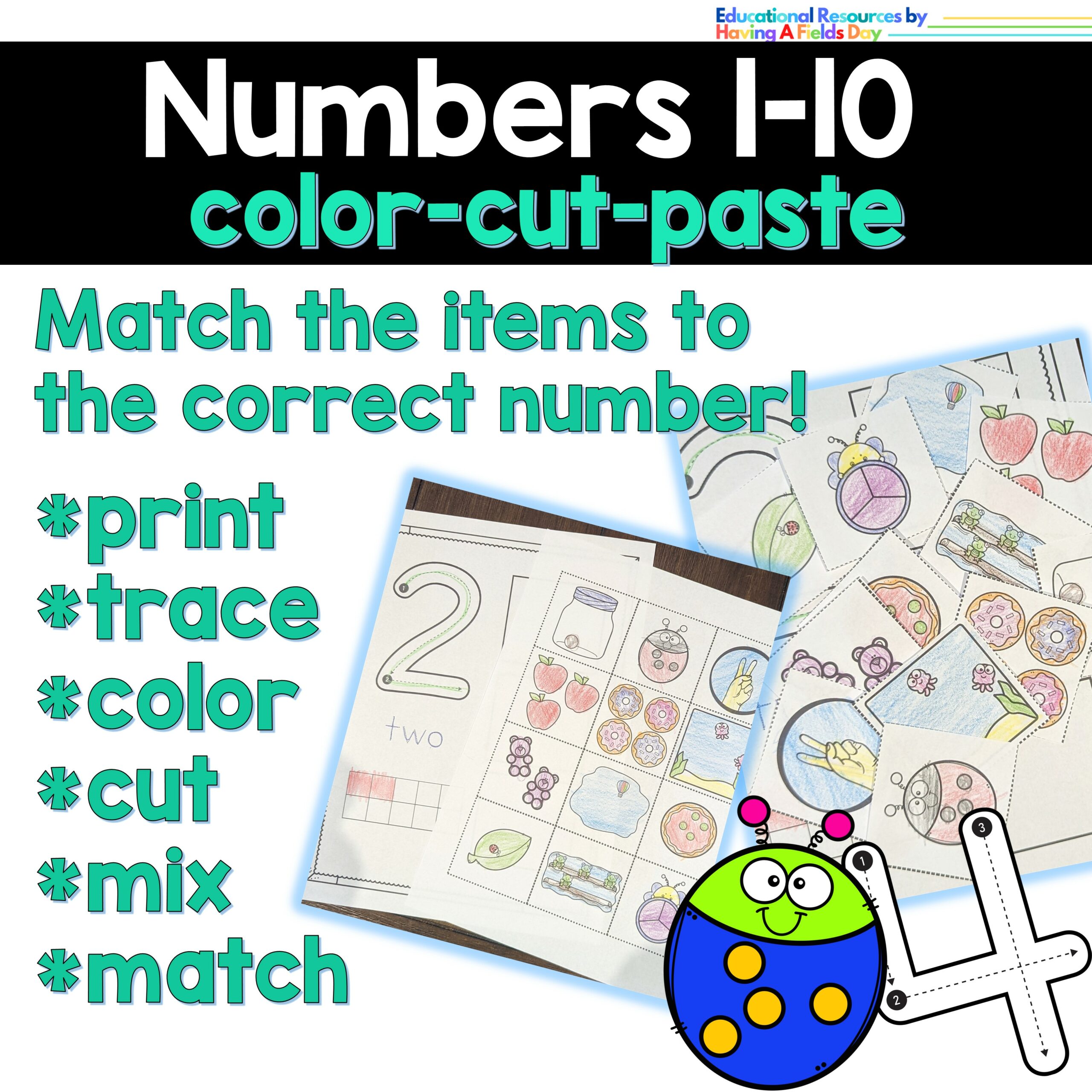 Numbers 1-10 Trace Color Cut Paste Matching Activity | Made By Teachers