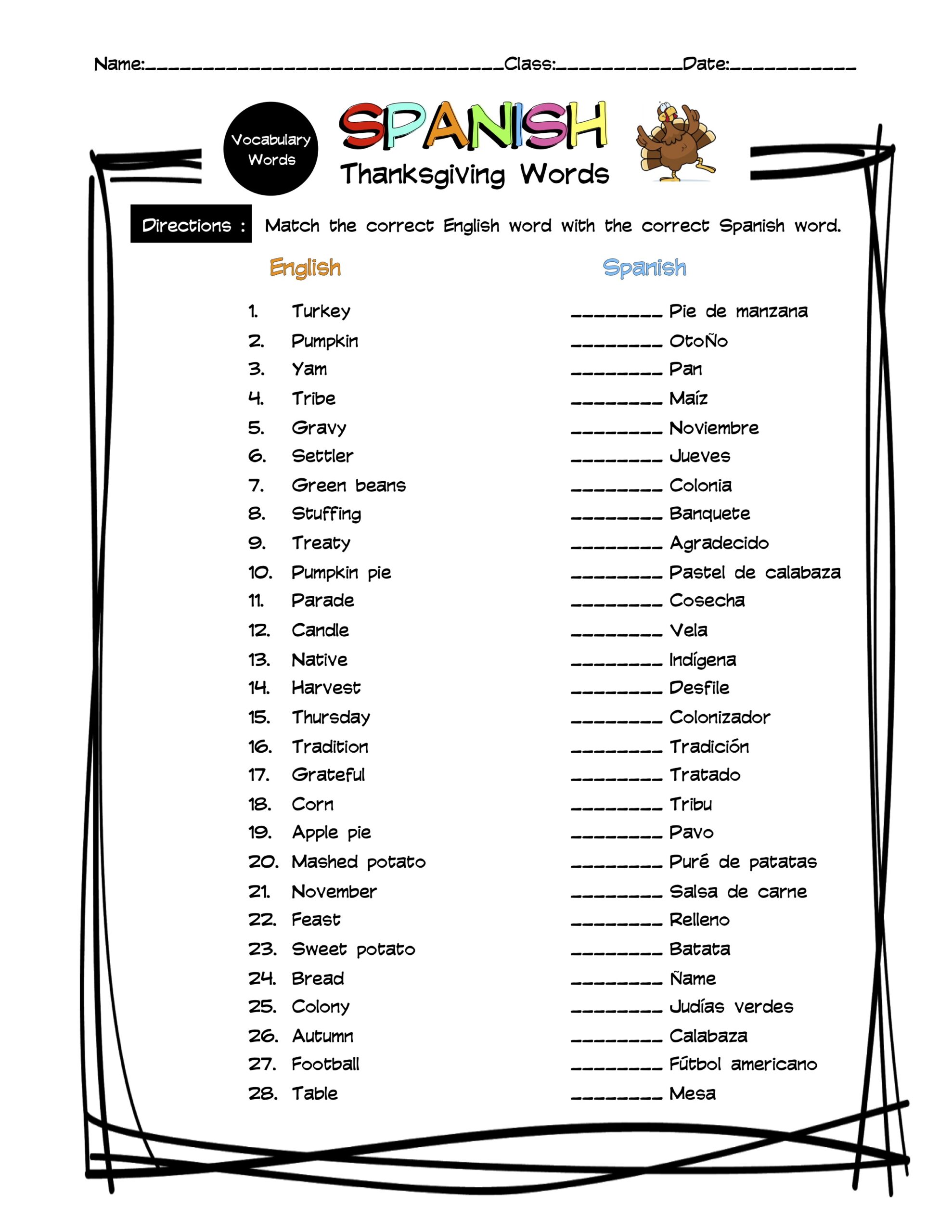 spanish thanksgiving vocabulary matching worksheet & answer key