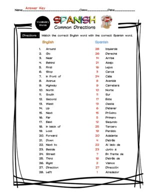 Spanish Common Directions Vocabulary Matching Worksheet & Answer Key ...