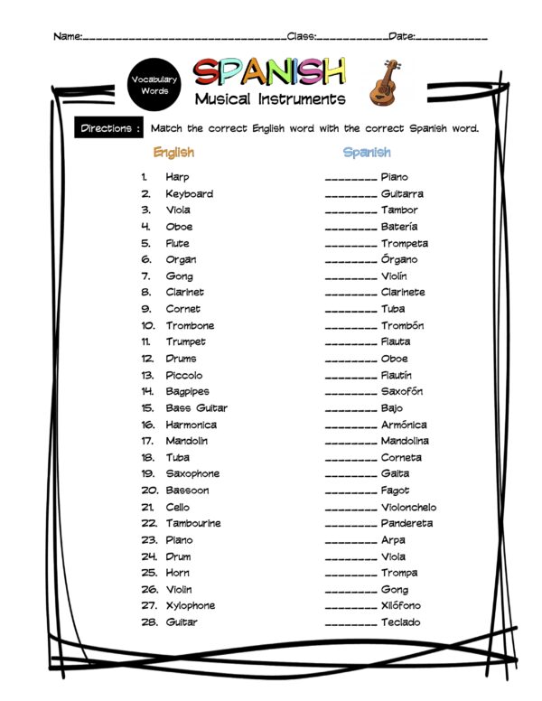 Spanish Musical Instruments Vocabulary Matching Worksheets & Answer