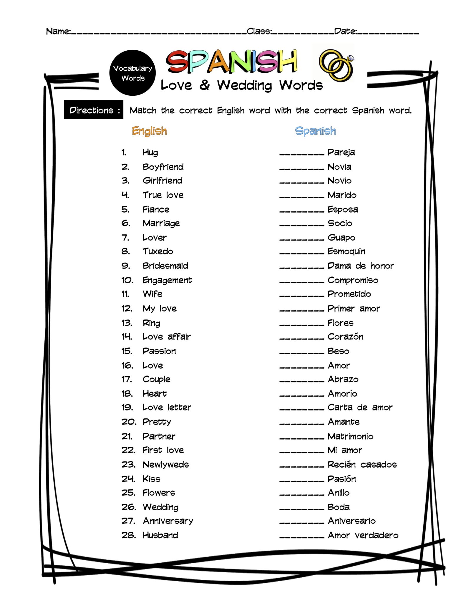 Spanish Love Wedding Vocabulary Matching Worksheet Answer Key 