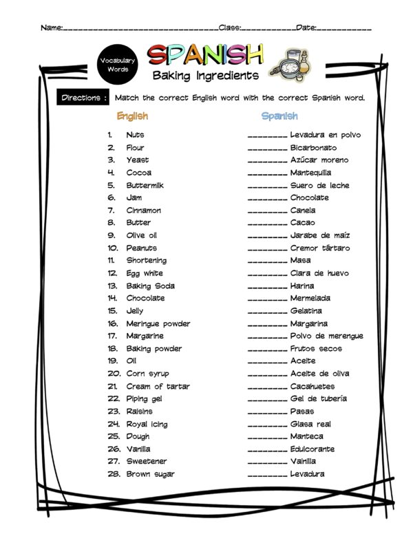 Spanish Baking Ingredients Vocabulary Matching Worksheet & Answer Key