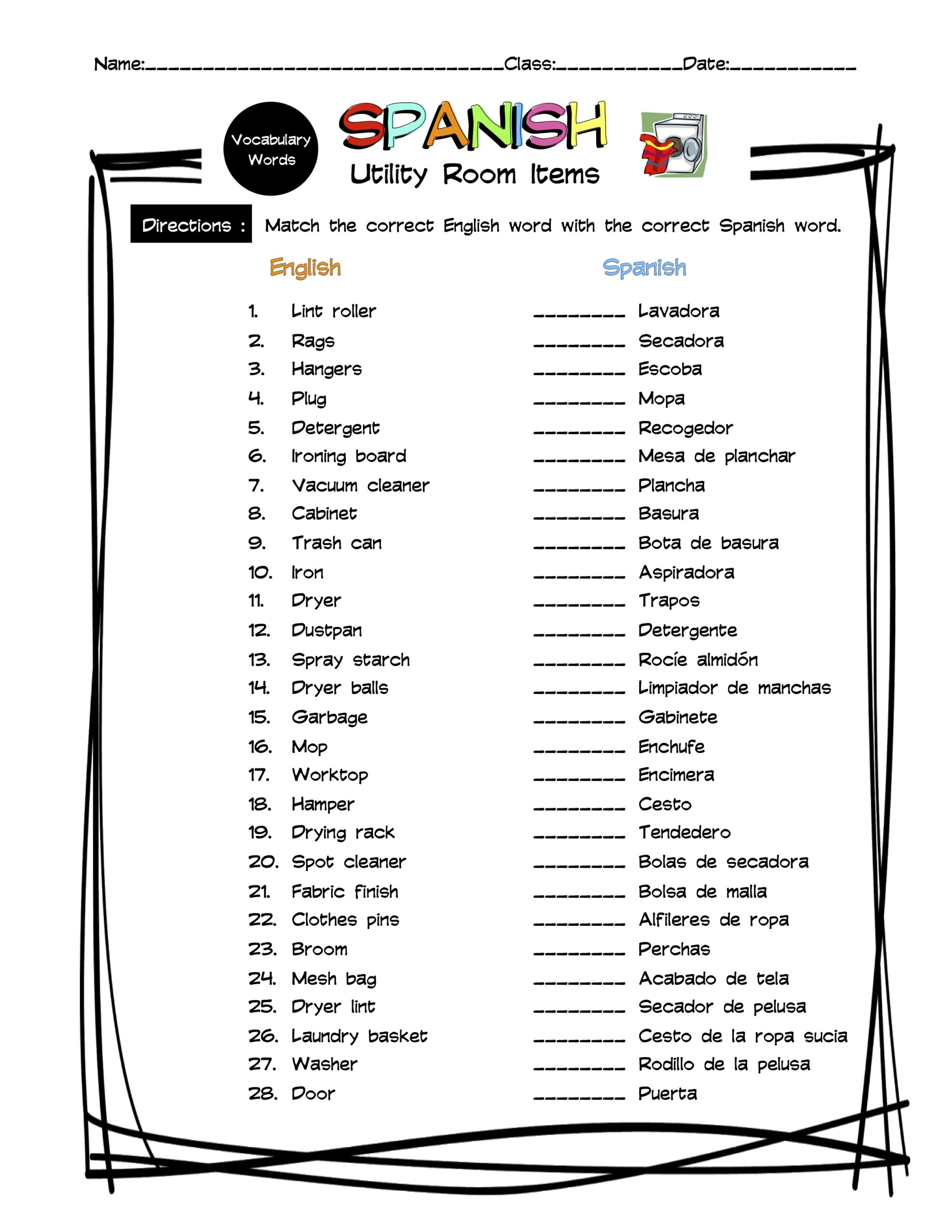 Spanish Utility Room Items Vocabulary Matching Worksheet & Answer Key ...
