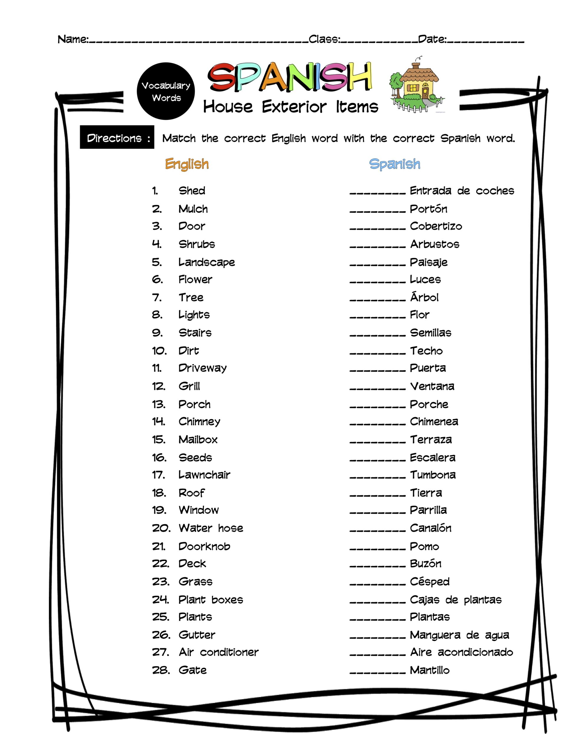Spanish House Exteriors Vocabulary Matching Worksheet \u0026 Answer Key, image size:1978x2560