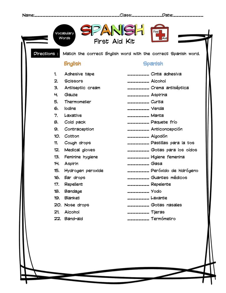 Spanish First Aid Kit Vocabulary Matching Worksheet & Answer Key Made