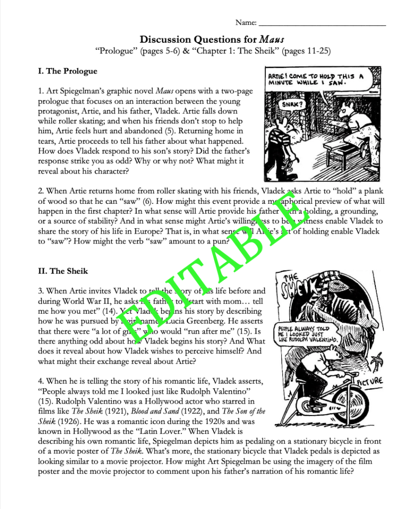THE COMPLETE MAUS Unit Plan Discussion Questions, Worksheets, Reading