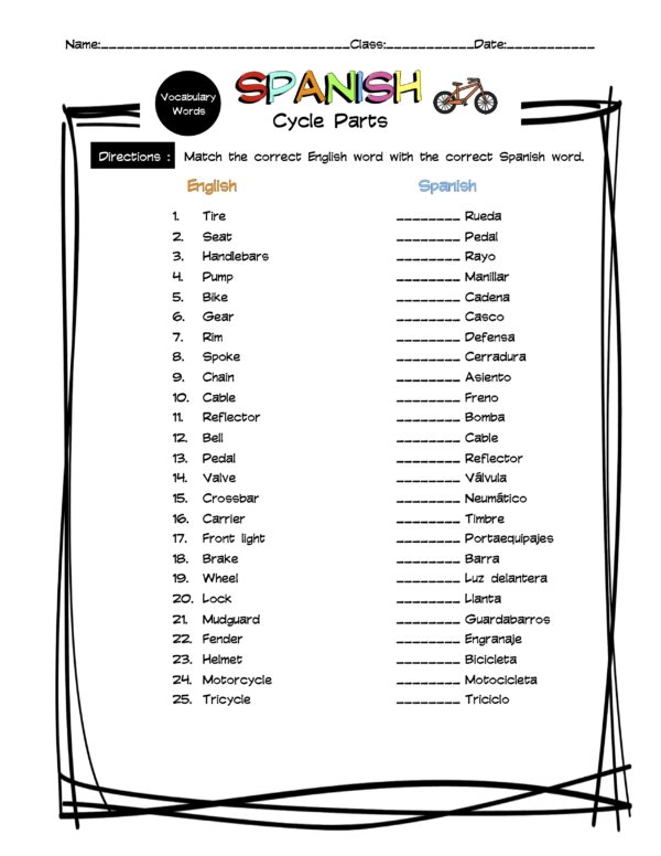 Spanish Cycle Parts Vocabulary Matching Worksheet & Answer Key Made By Teachers