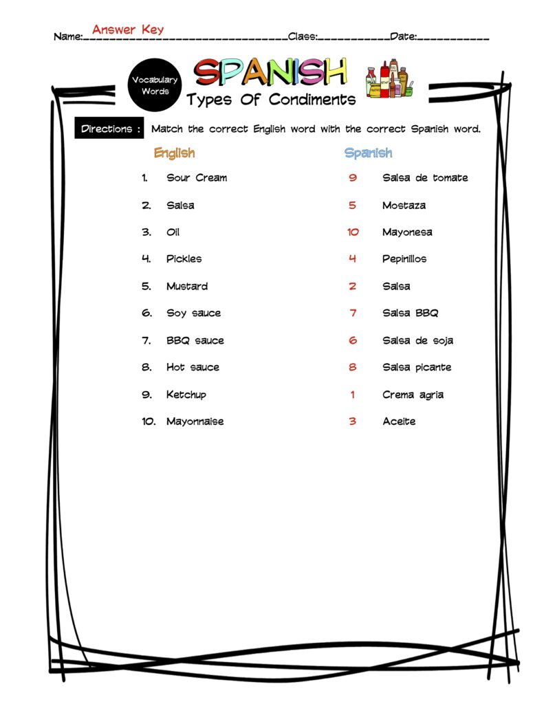 Spanish Condiments Vocabulary Matching Worksheet & Answer Key Made By Teachers