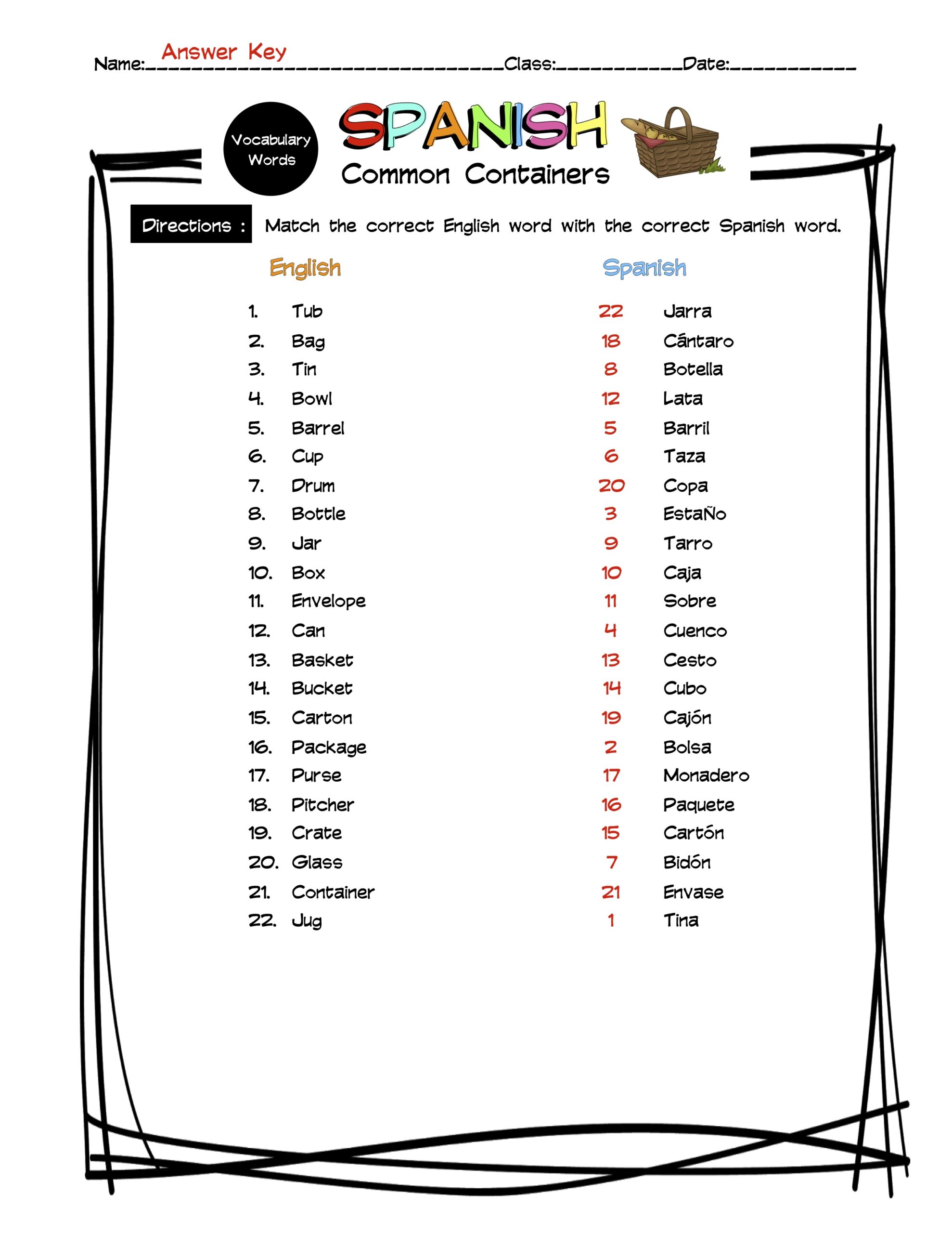 Spanish Common Containers Vocabulary Matching Worksheet & Answer Key