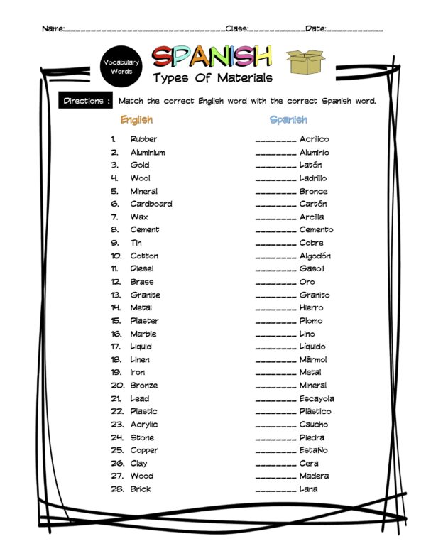 Spanish Types Of Materials Vocabulary Matching Worksheet & Answer Key Made By Teachers