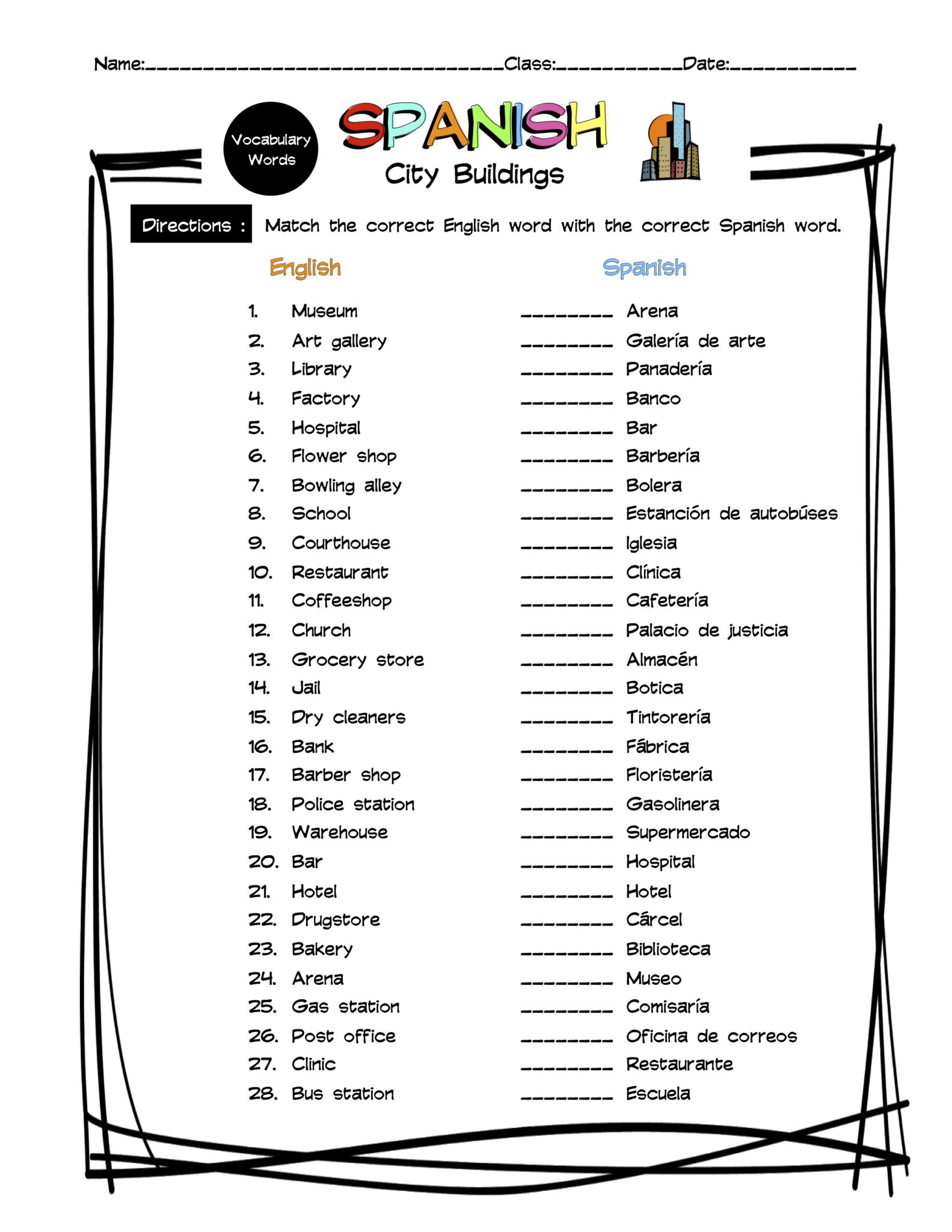 Spanish City Buildings Vocabulary Matching Worksheet & Answer Key