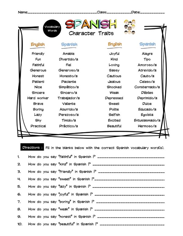 Spanish Character Traits Vocabulary Word List Worksheet & Answer Key
