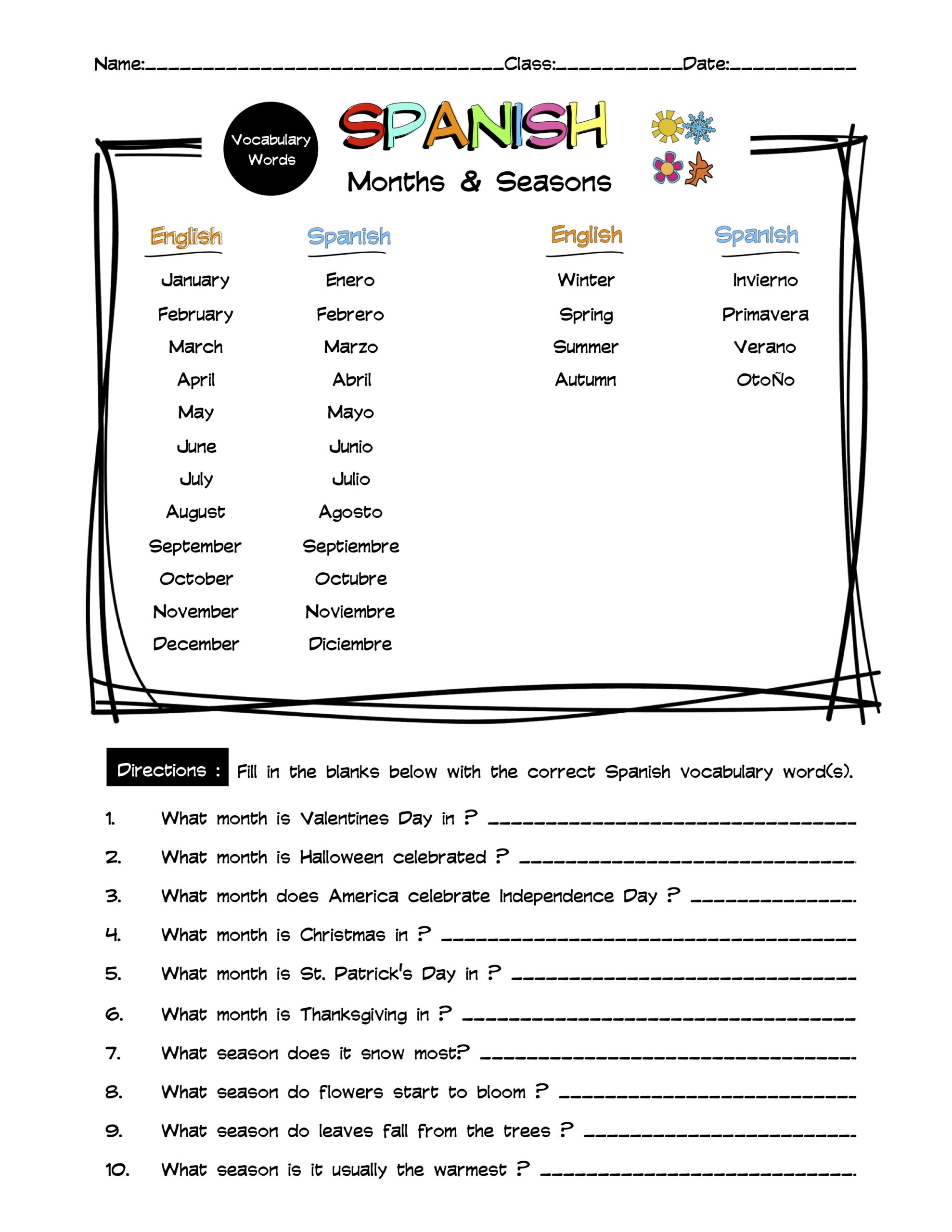 Spanish Months Seasons Vocabulary Word List Worksheet Answer Key