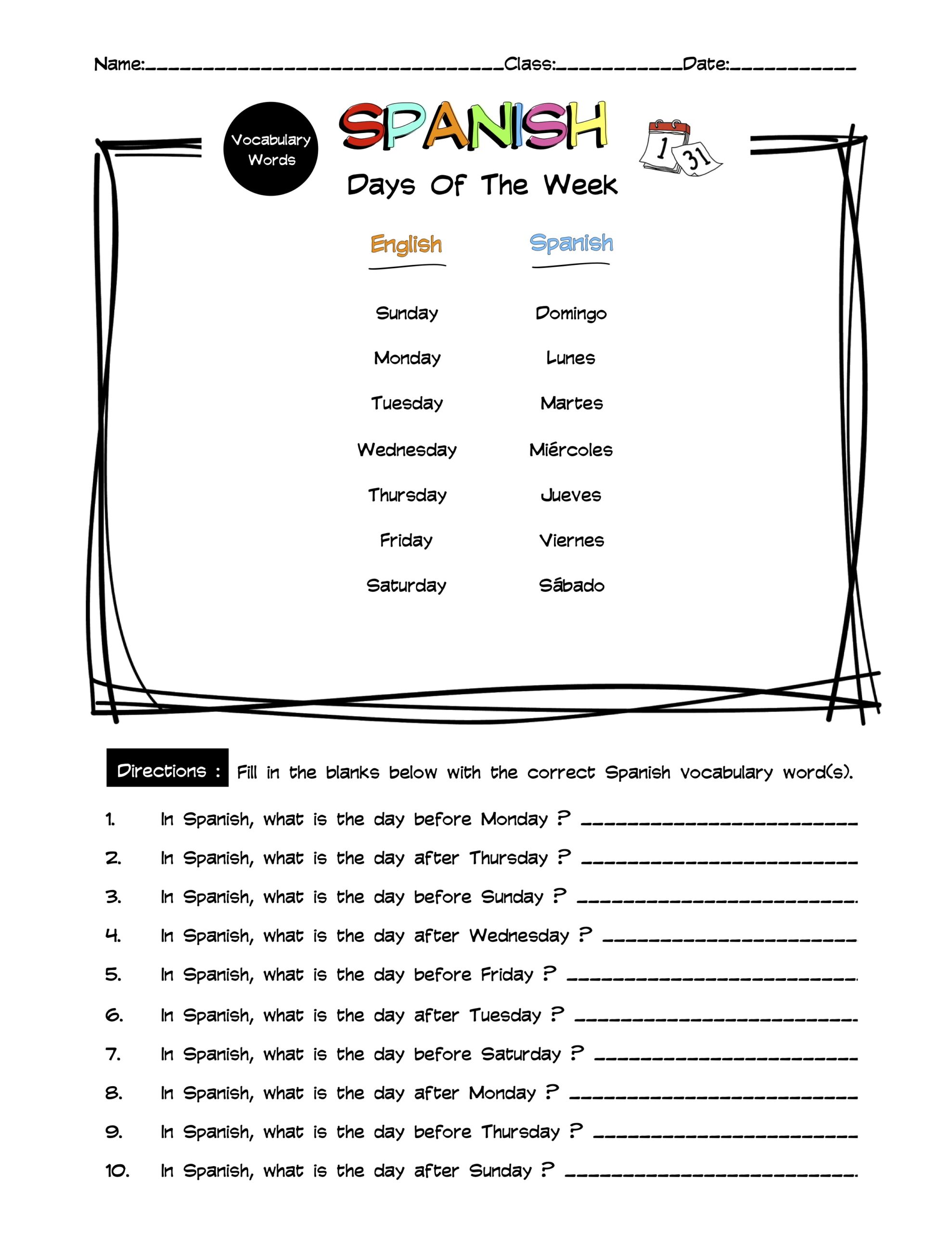 Spanish Days Of The Week Vocabulary Word List Worksheet Answer Key 