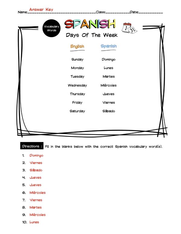 Spanish Days Of The Week Vocabulary Word List Worksheet & Answer Key ...