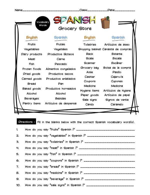 Spanish Grocery Store Vocabulary Word List Worksheet & Answer Key ...