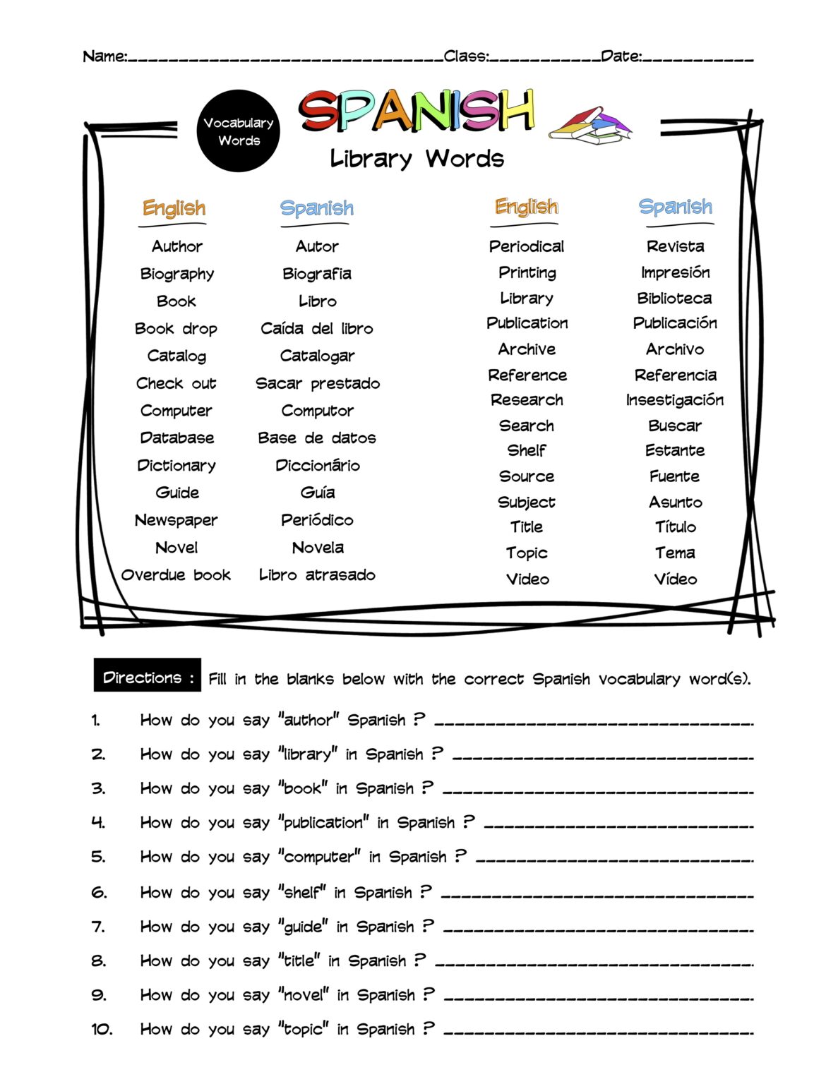 Spanish Library Vocabulary Word List Worksheet & Answer Key Made By