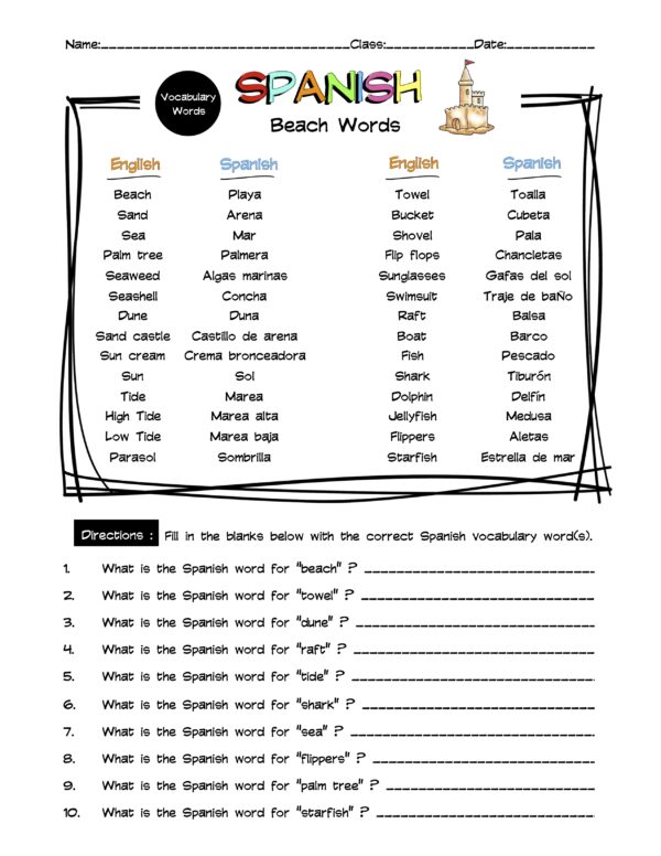 Spanish Beach Words Vocabulary Word List Worksheet Answer Key Made spanish-beach-words-vocabulary-matching-worksheet-answer-key-made
