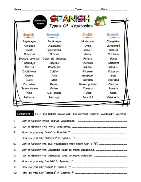 Spanish Vegetables Vocabulary Word List Worksheet & Answer Key Made