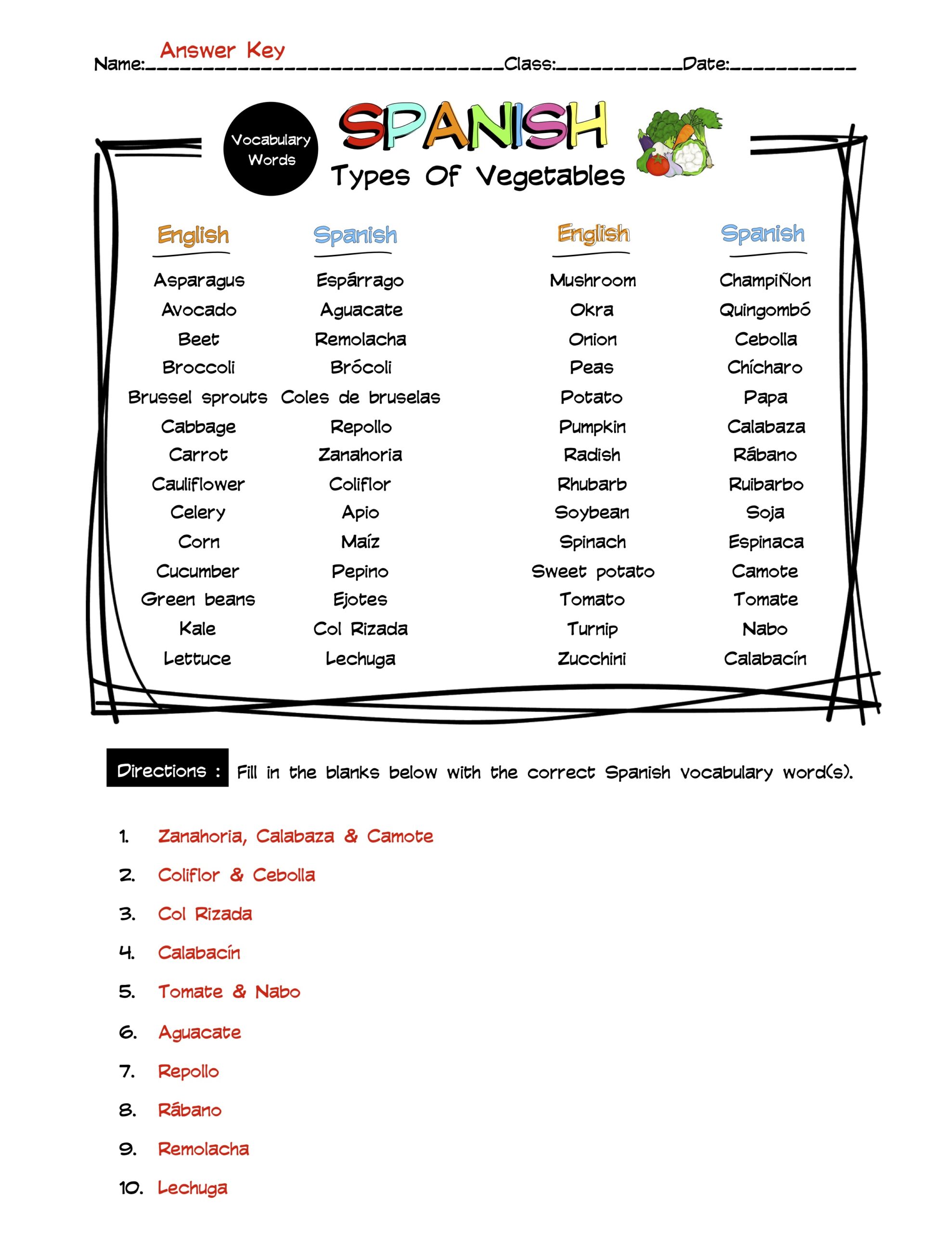 Spanish Vegetables Vocabulary Word List Worksheet & Answer Key Made
