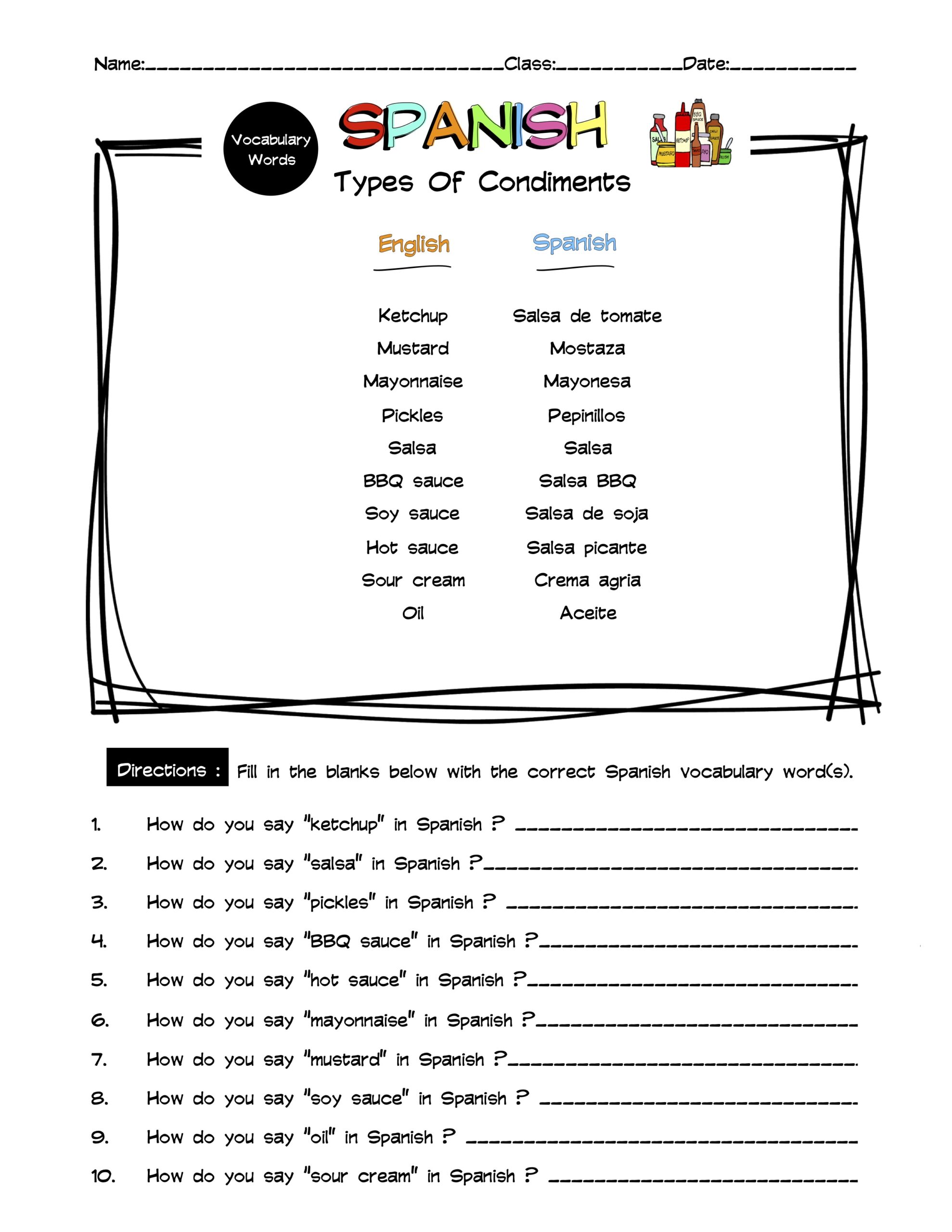 Spanish Types Of Condiments Vocabulary Word List Worksheet & Answer Key