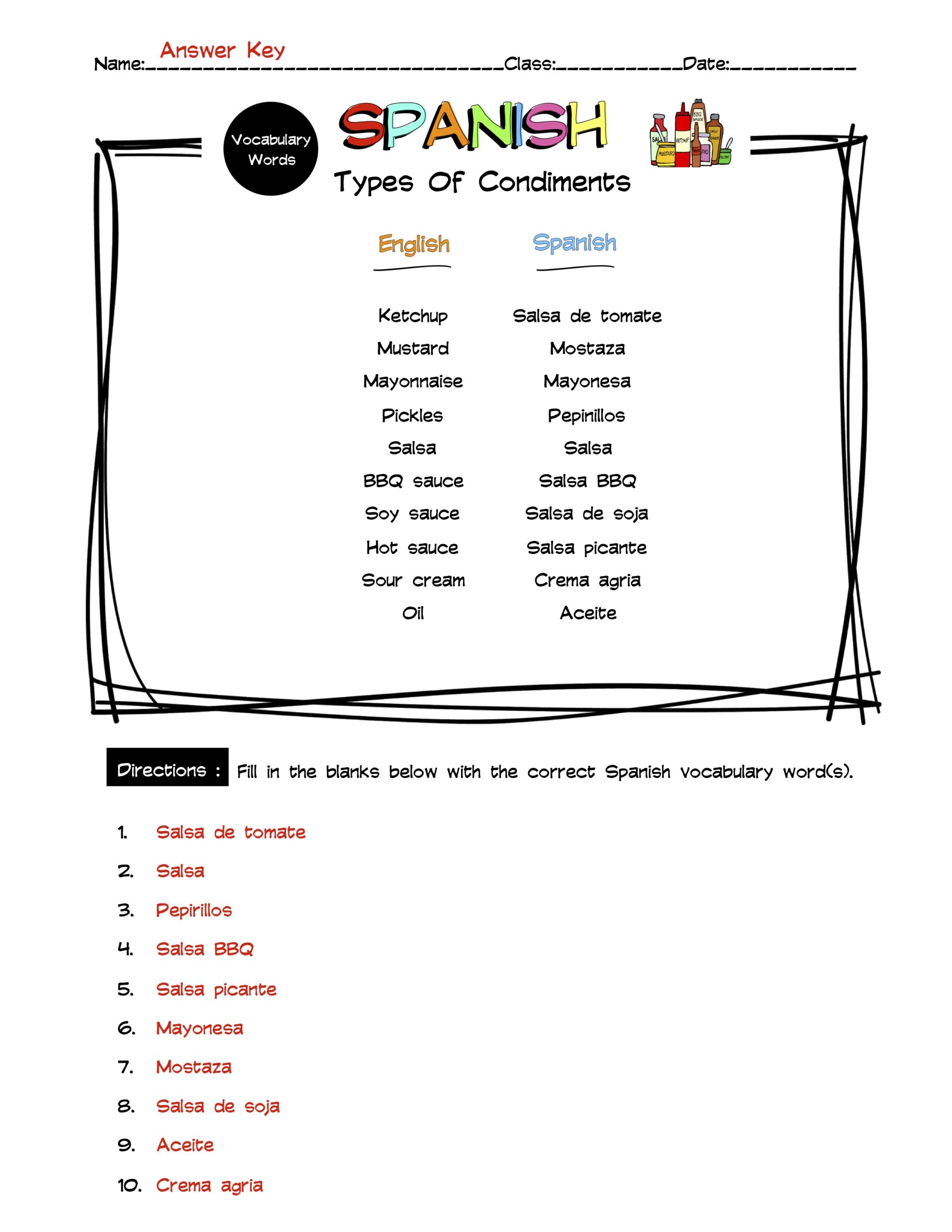 Spanish Types Of Condiments Vocabulary Word List Worksheet & Answer Key Made By Teachers