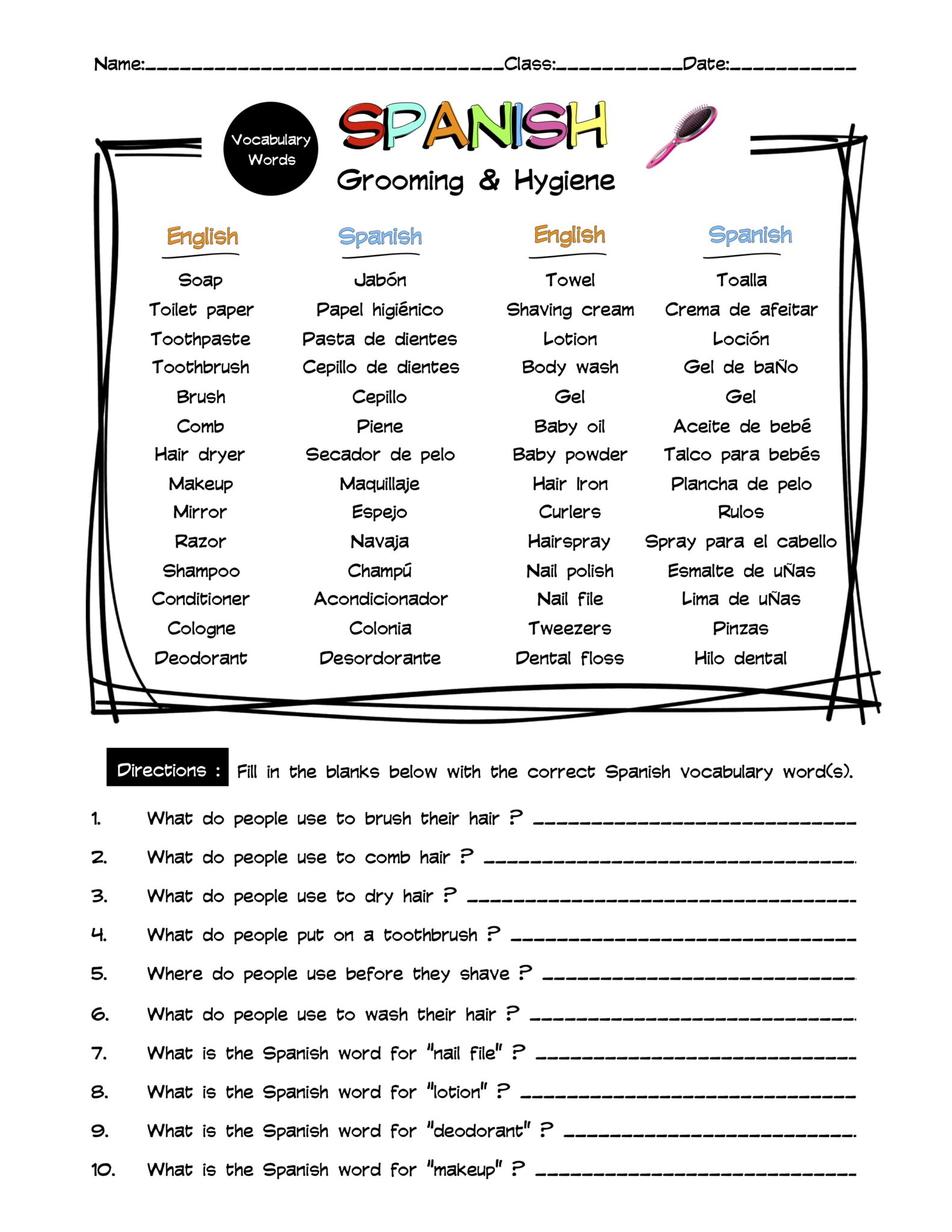 Spanish Grooming & Hygiene Vocabulary Word List Worksheet & Answer Key Made By Teachers