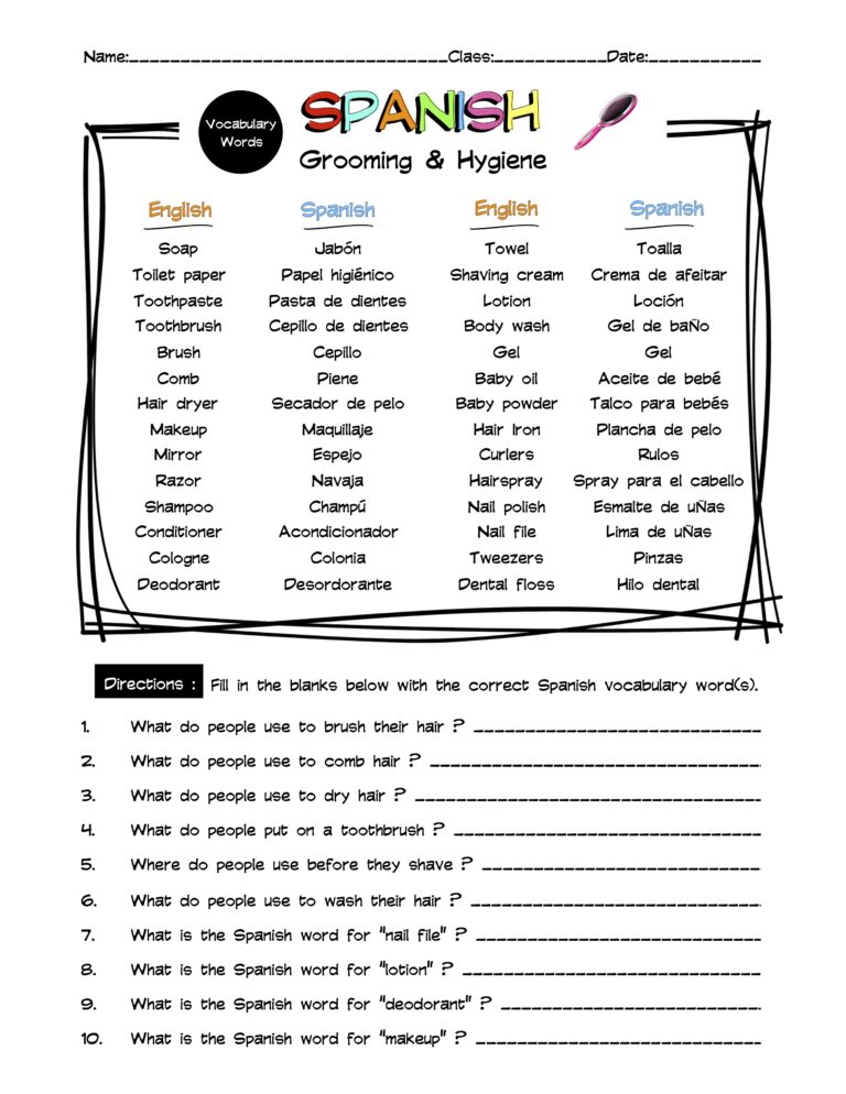 Spanish Grooming & Hygiene Vocabulary Word List Worksheet & Answer Key